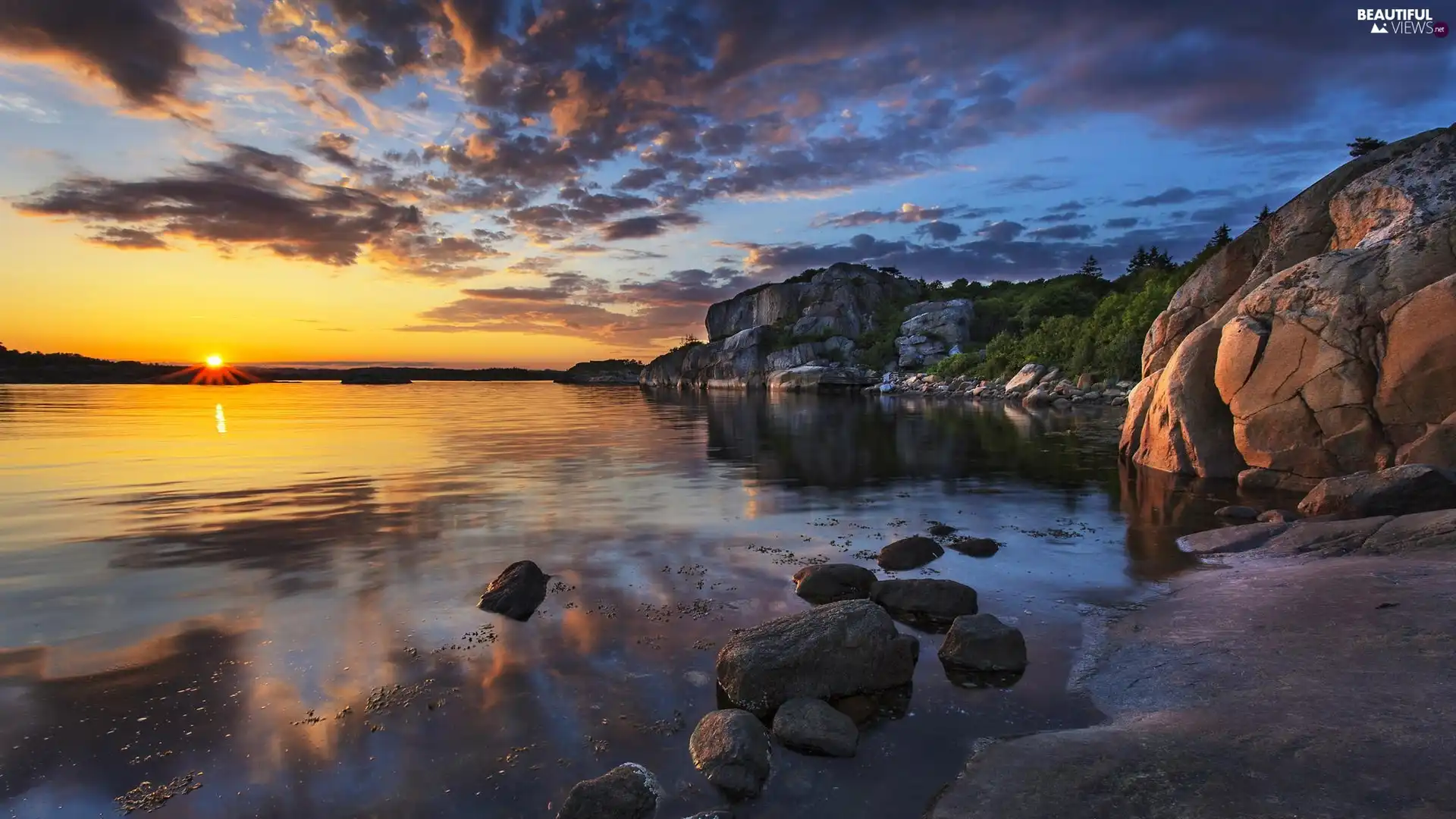 west, sea, clouds, Stones, sun, rocks