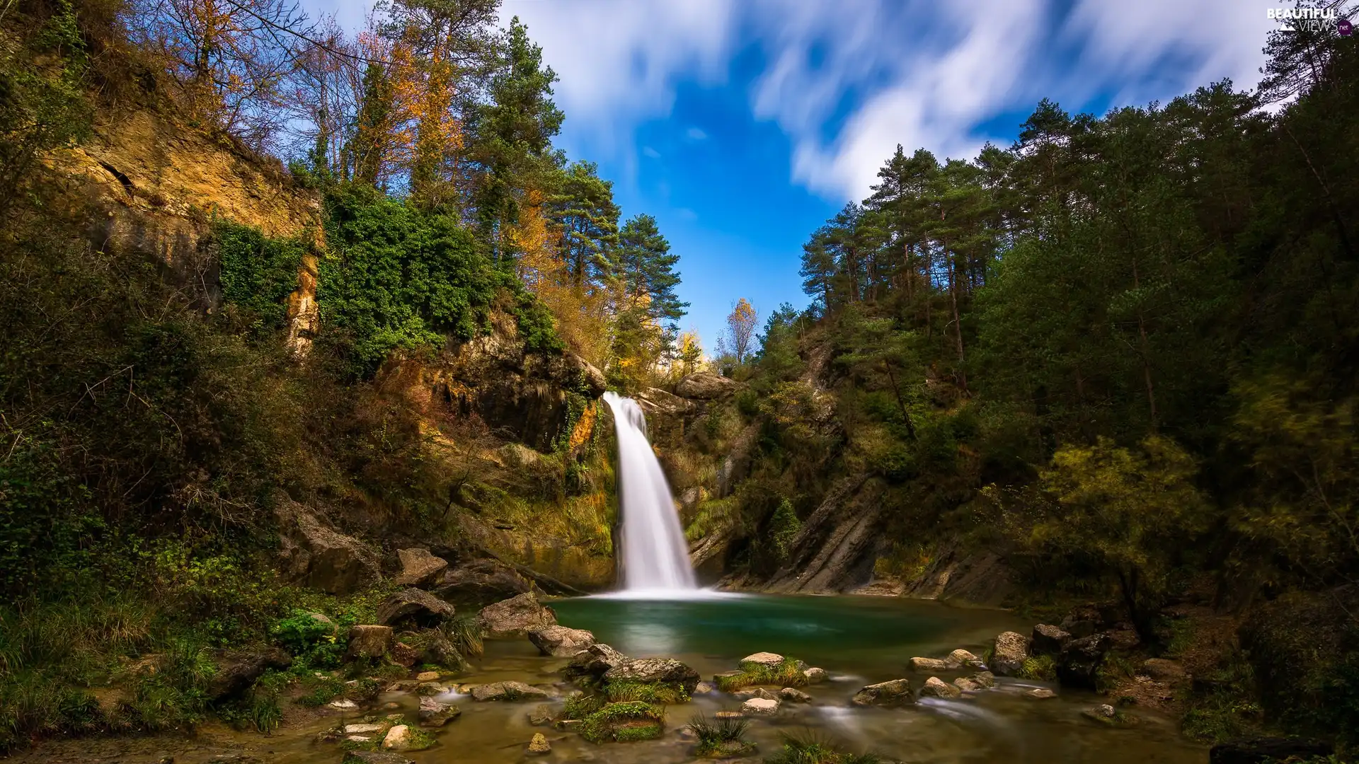 clouds, Sky, waterfall, River, viewes, VEGETATION, Stones, trees, Rocks