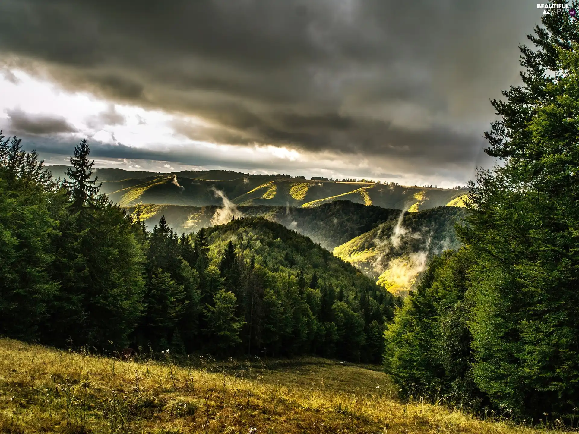 clouds, Mountains, storm