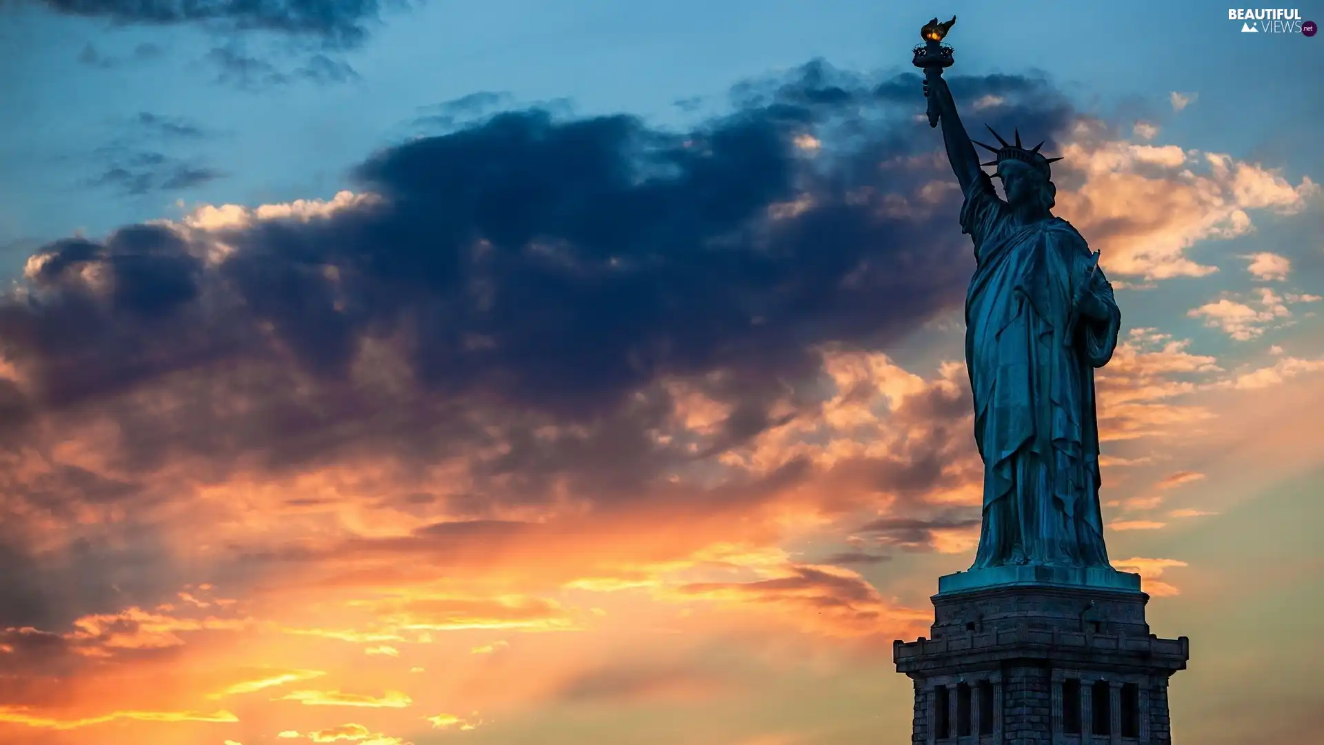 freedom, statue, clouds, Przebijające, luminosity, USA, sun, flash, ligh