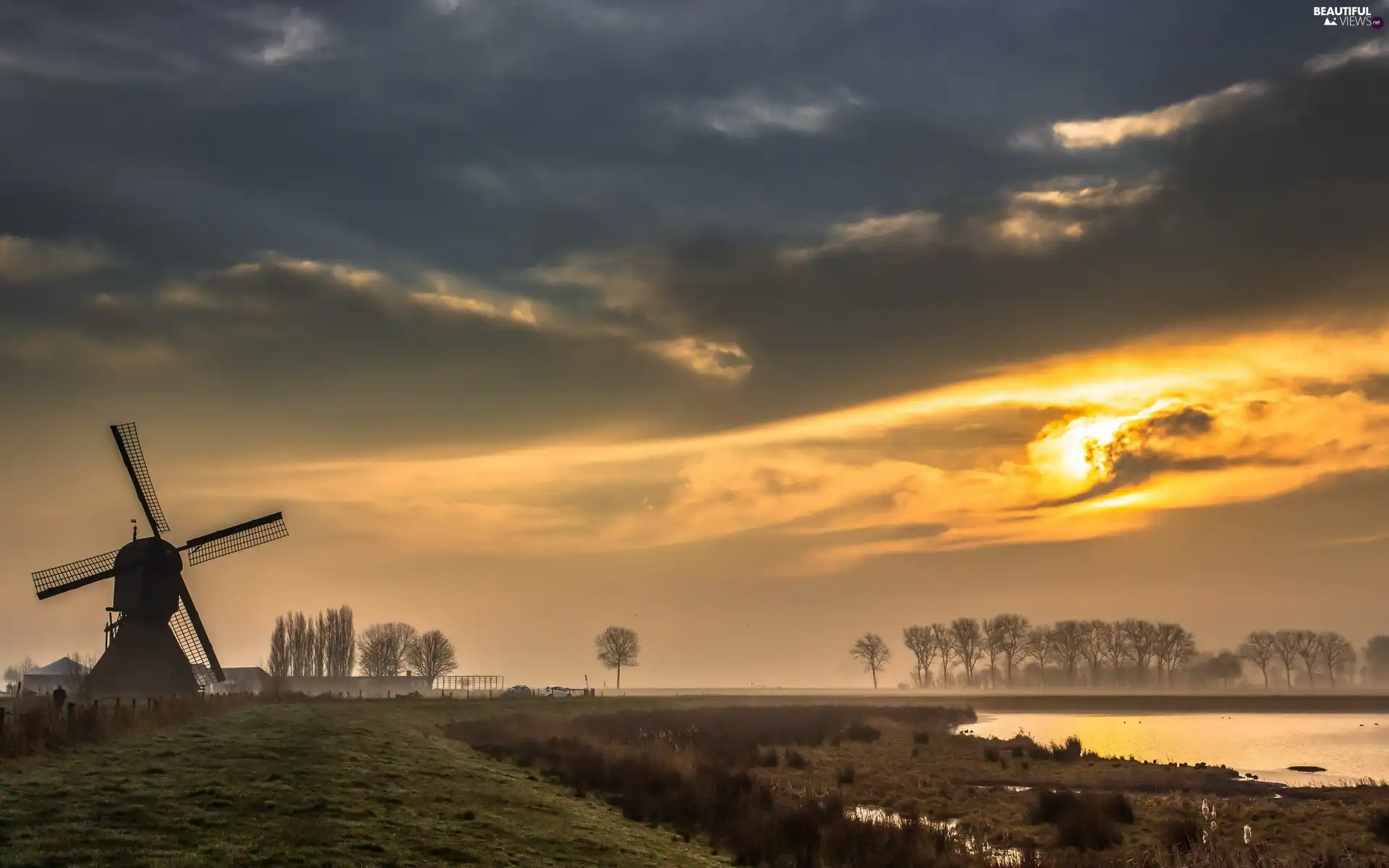 River, Windmill, clouds, Przebijające, luminosity, Fog, sun, flash, ligh