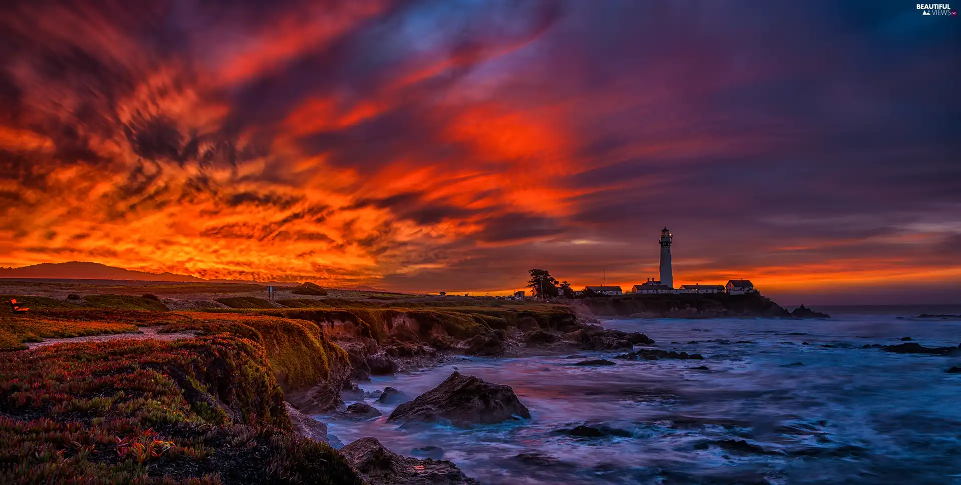 rocks, Lighthouse, west, maritime, Coast, clouds, sun