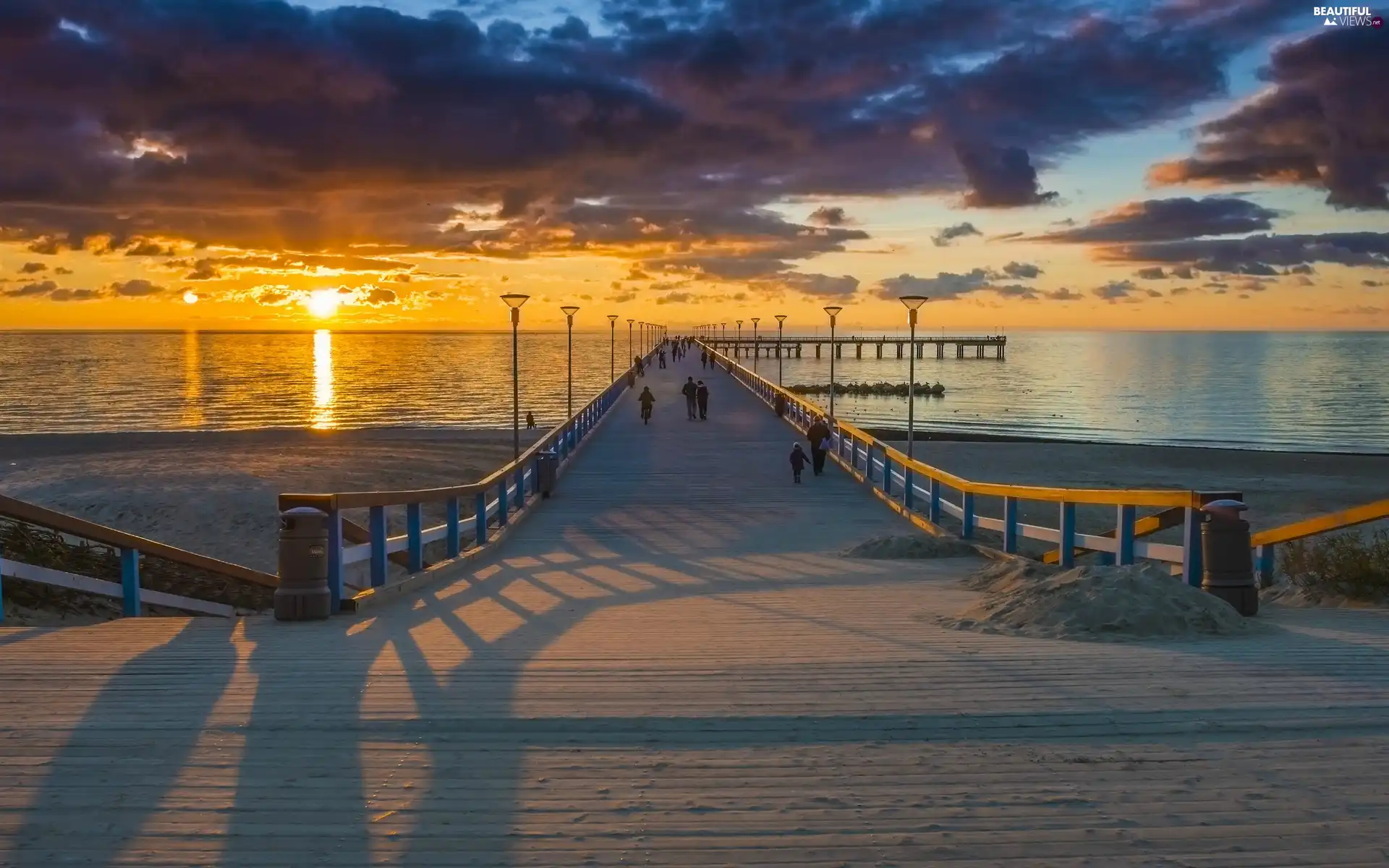 lanterns, pier, west, People, sea, clouds, sun