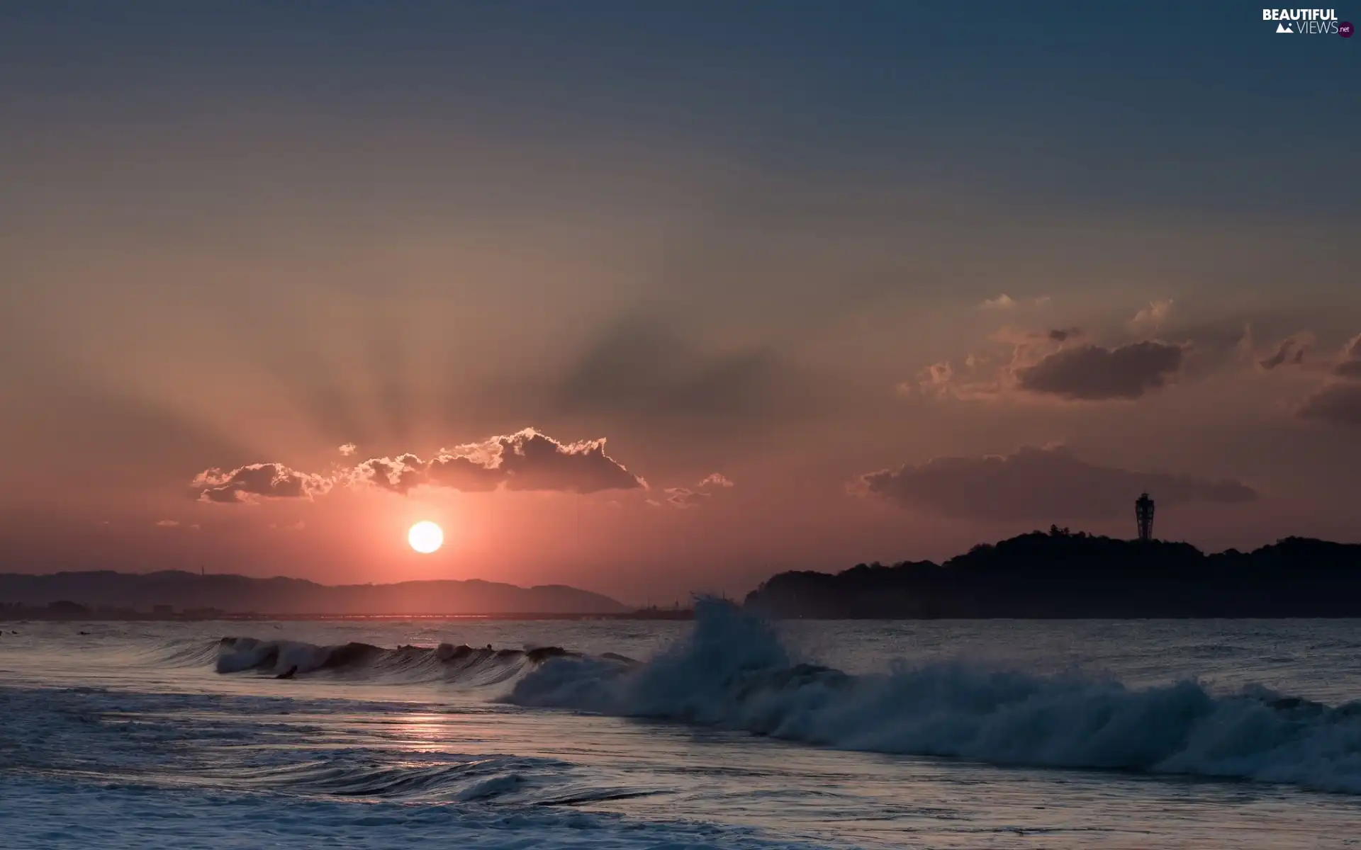 Waves, maritime, west, sea, Lighthouse, clouds, sun