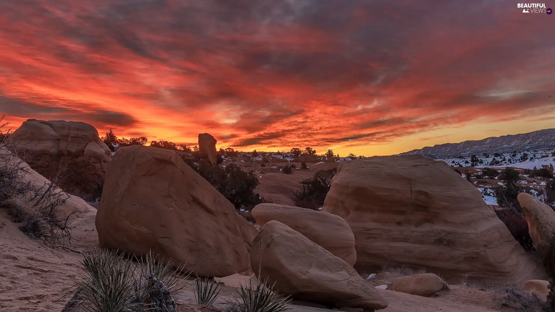 Sunrise, Stones, boulders, clouds