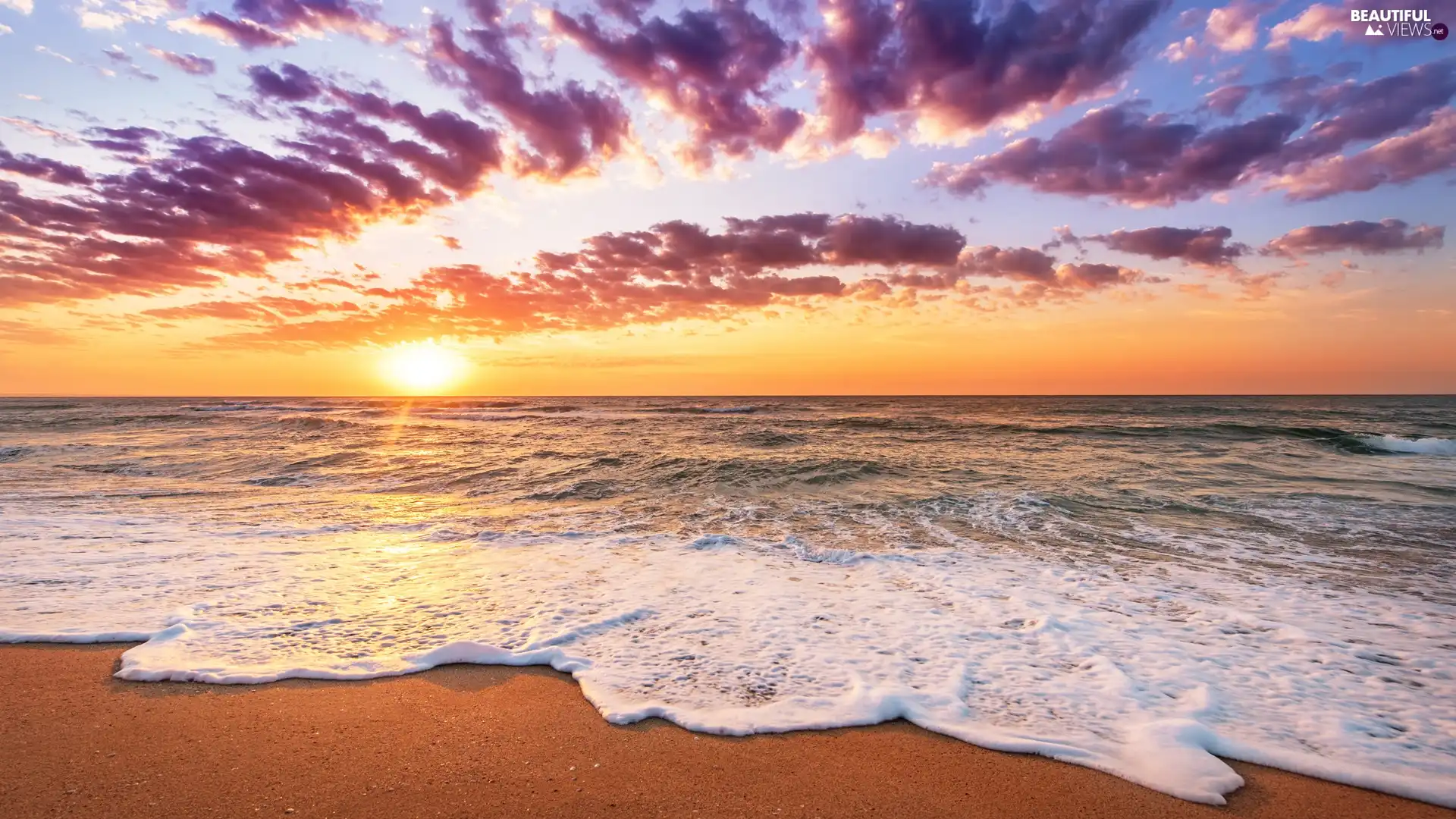 clouds, sea, Sunrise