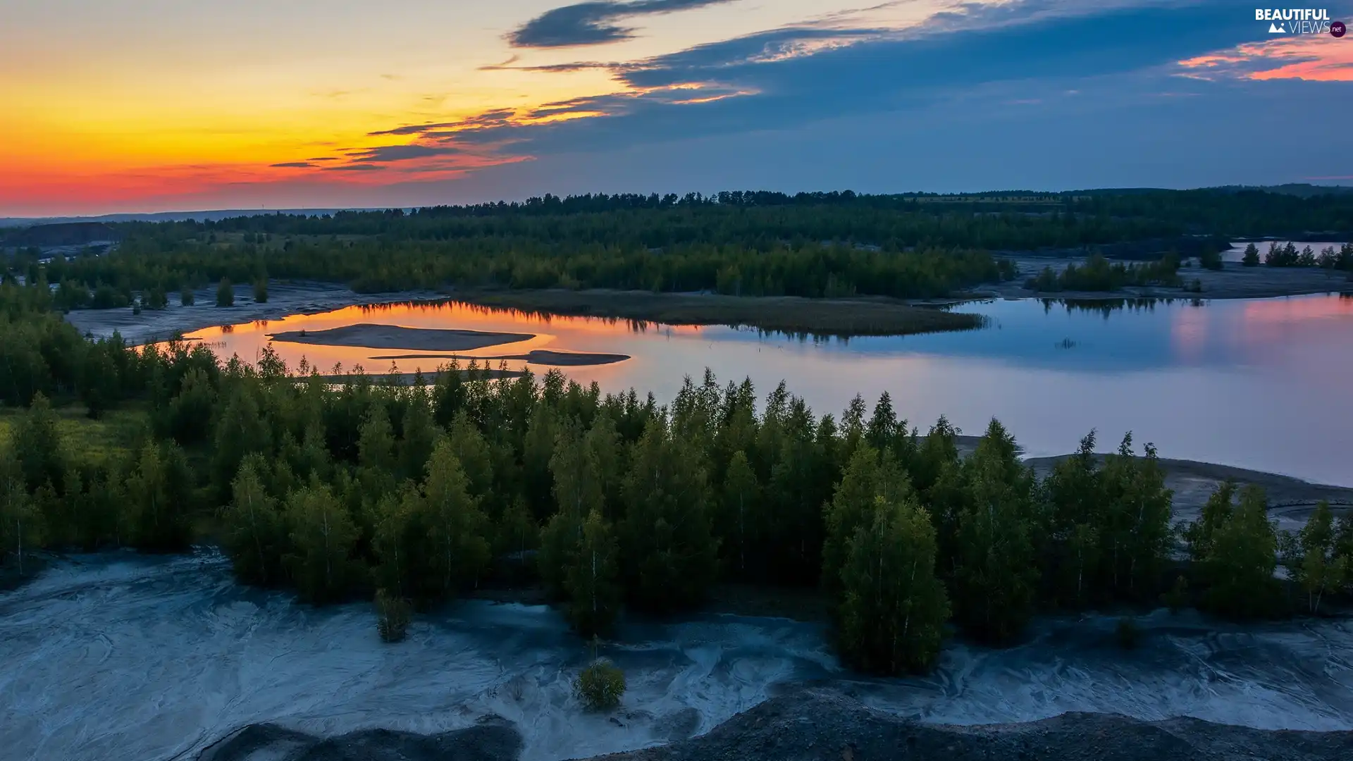 Sunrise, lake, woods, clouds