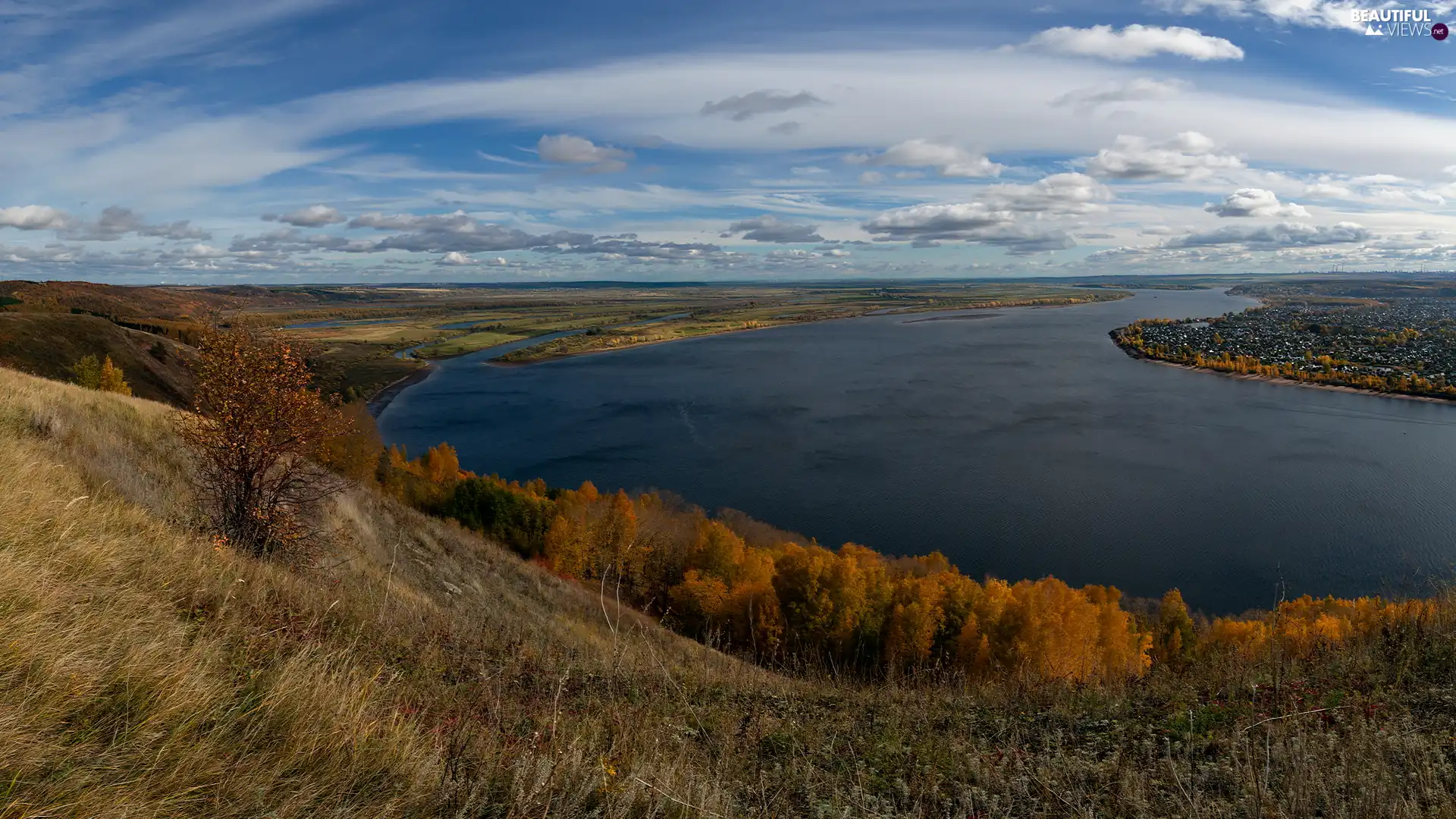 viewes, autumn, River, clouds, curve, trees