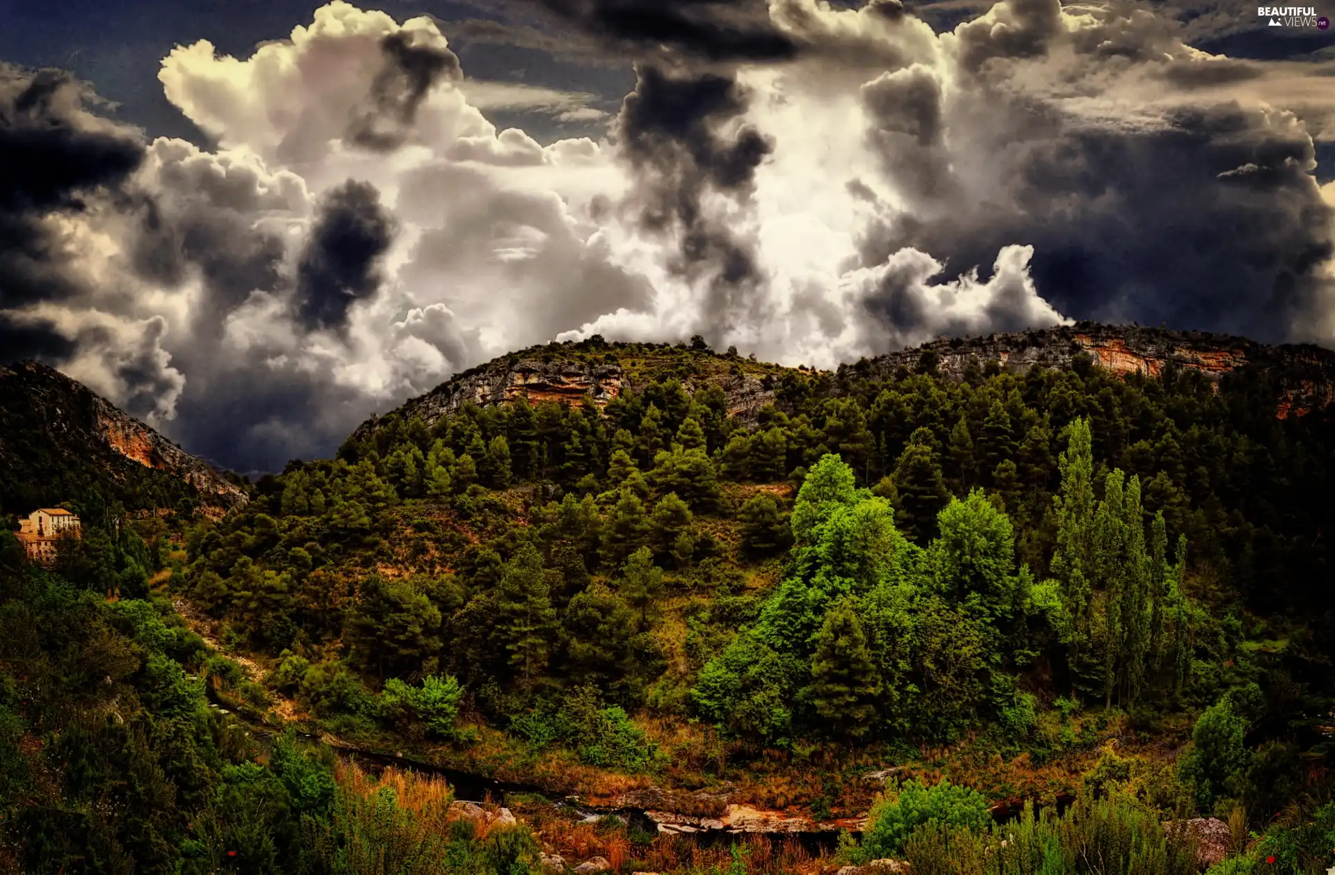 viewes, Mountains, clouds, View, Sky, trees