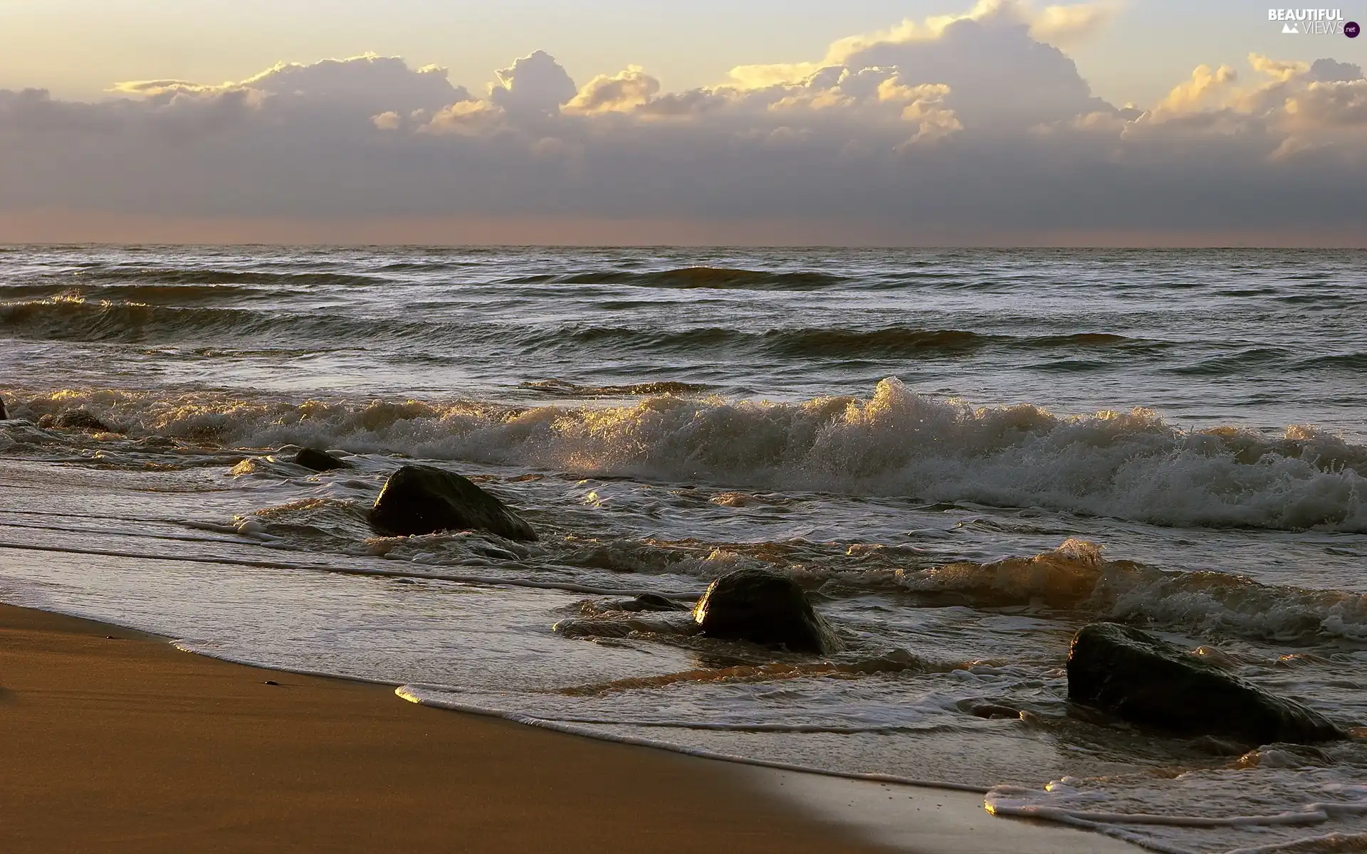 water, Sand, clouds, Stones