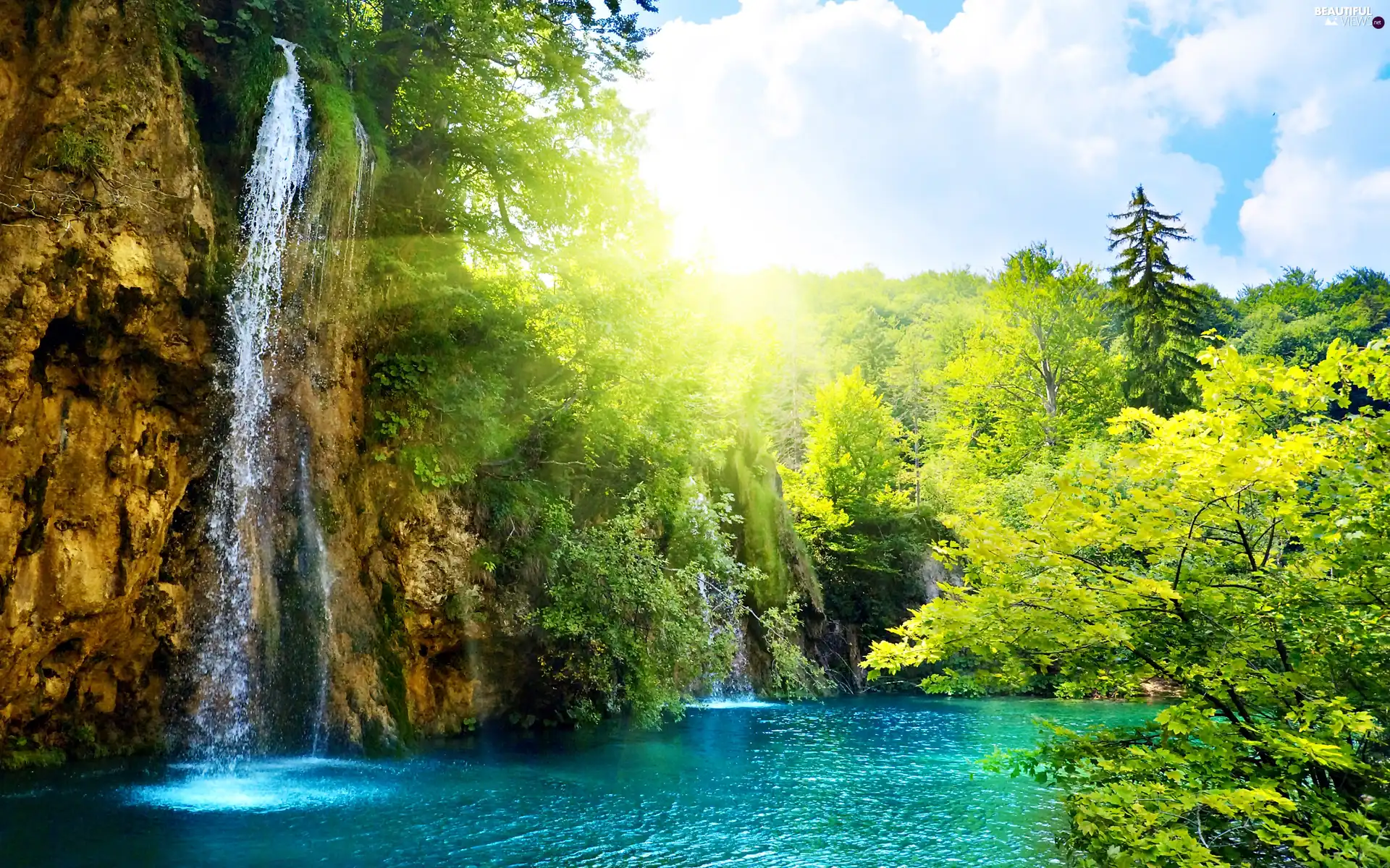 waterfall, viewes, clouds, trees