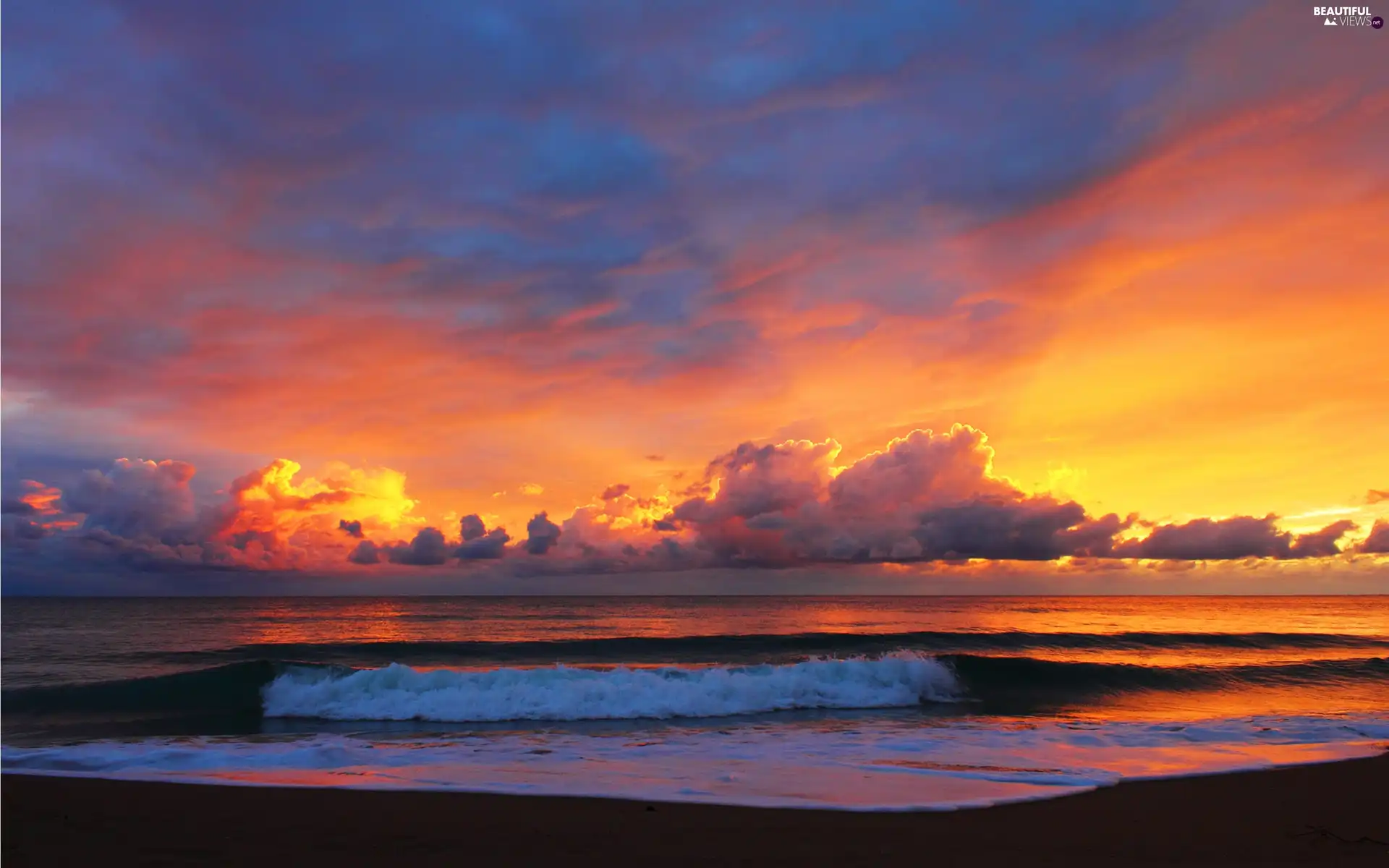 clouds, sea, Waves