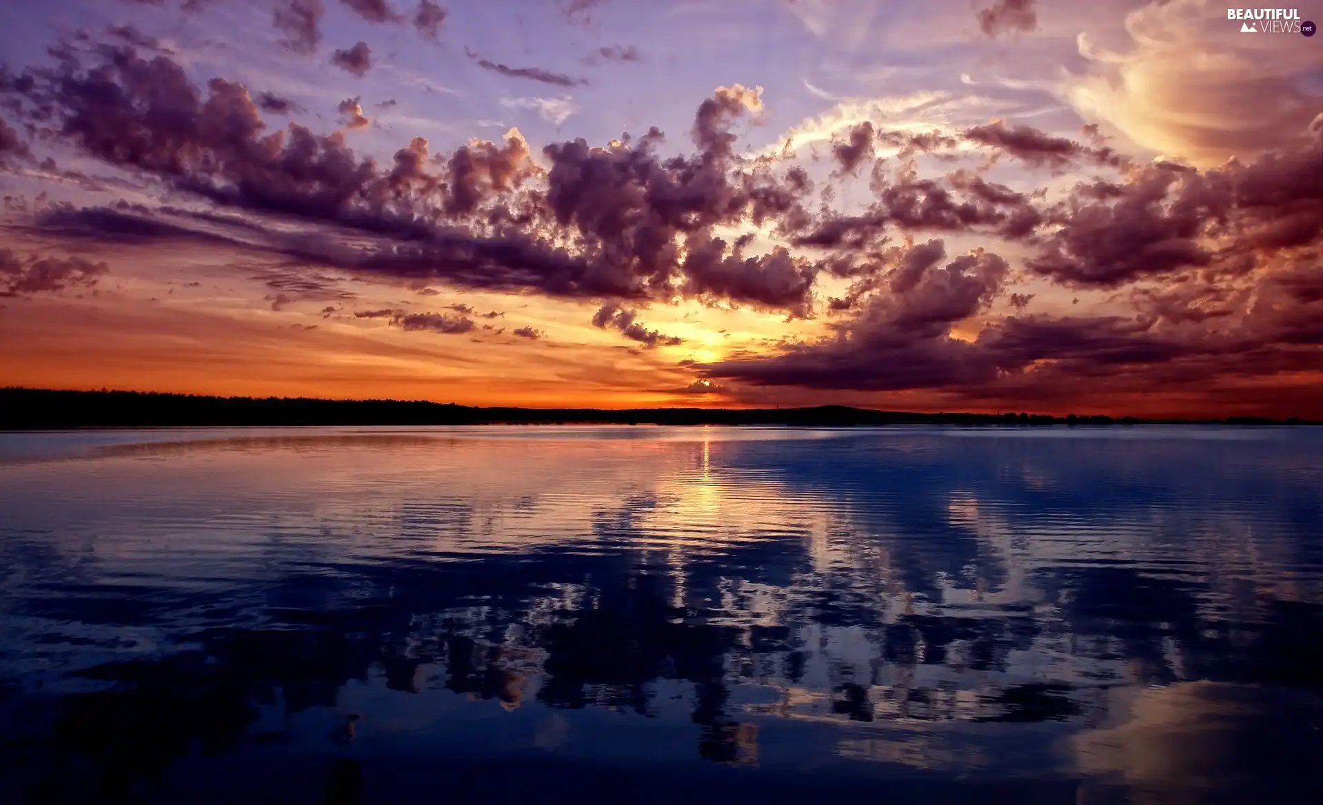 west, lake, clouds, sun