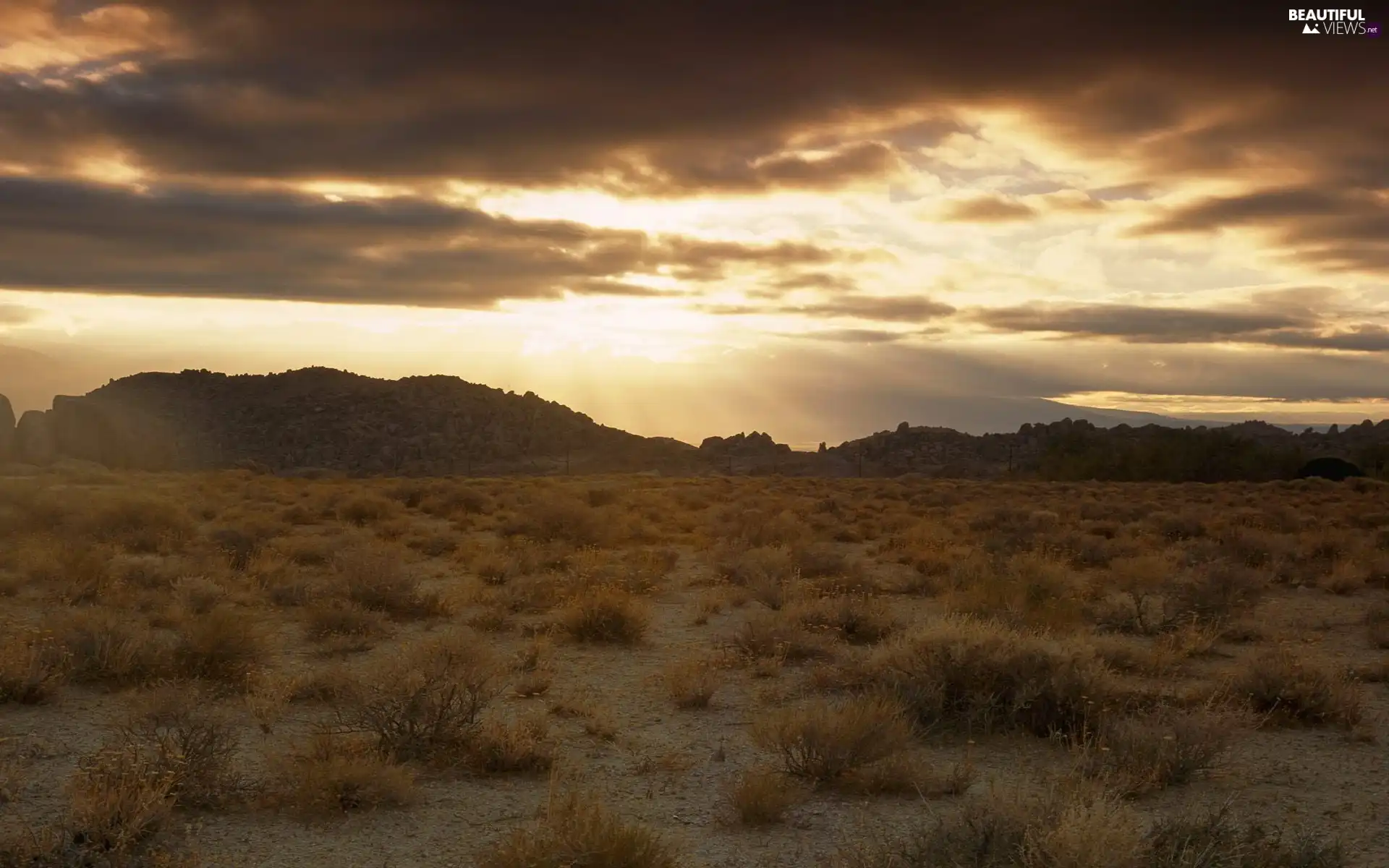 west, Mountains, clouds, sun