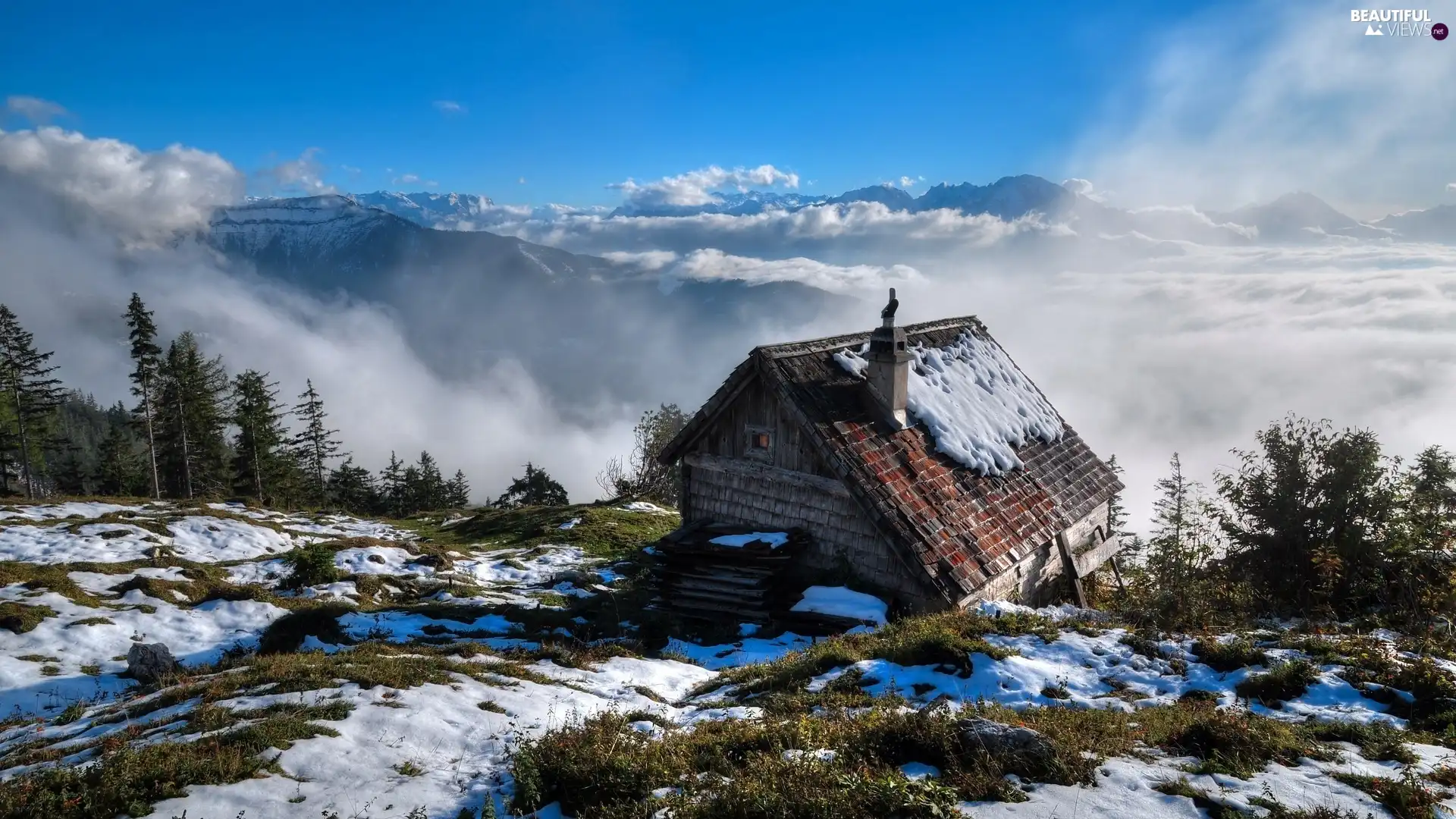 clouds, winter, Mountains, woods, house