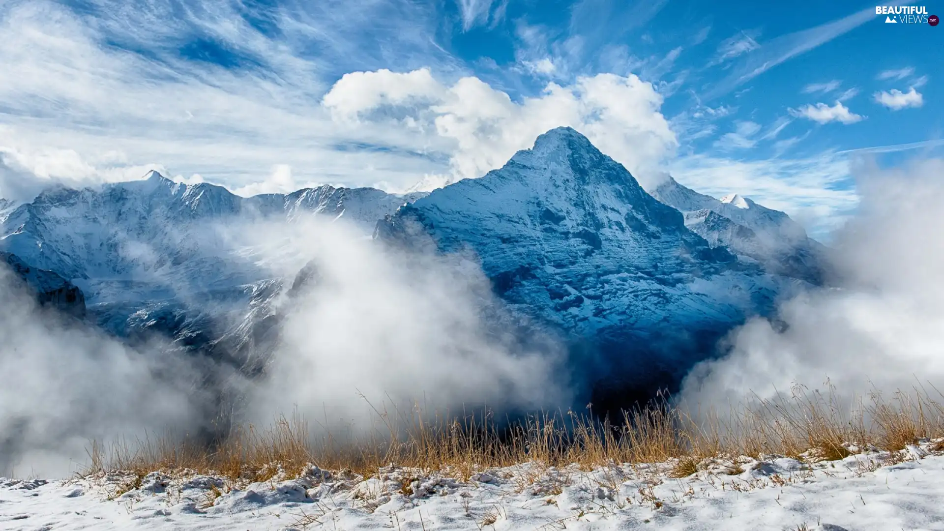 winter, Mountains, clouds, peaks