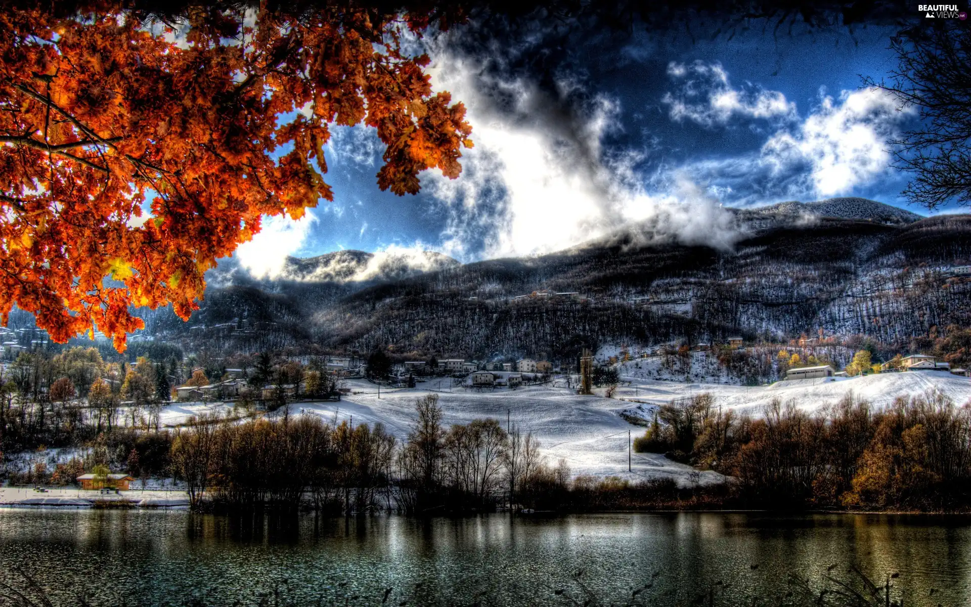 clouds, winter, Mountains, woods, River
