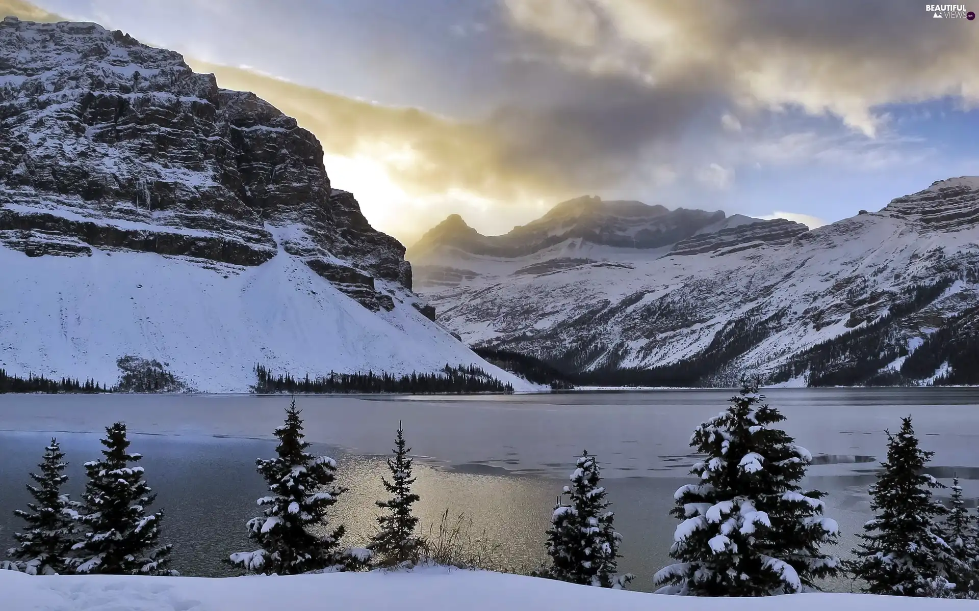 trees, lake, clouds, winter, viewes, Mountains