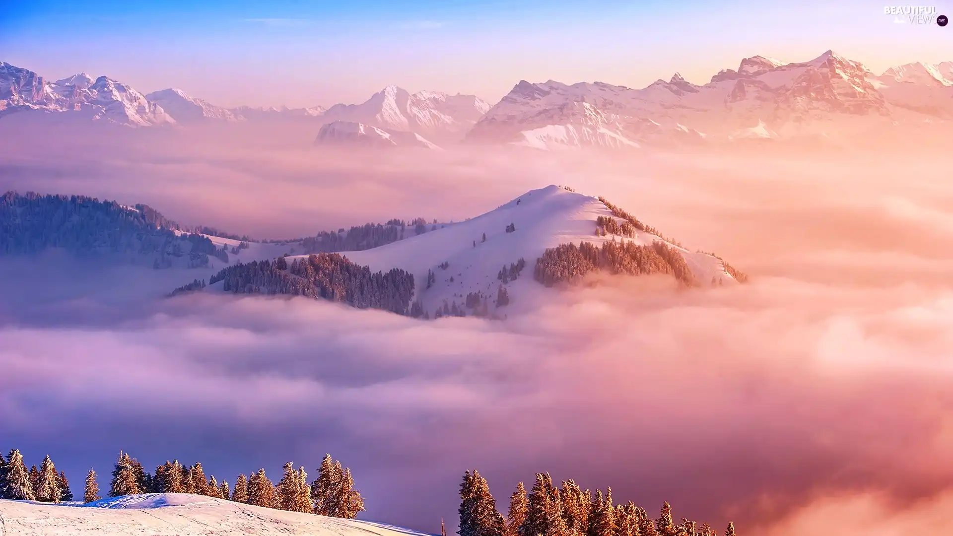 winter, woods, clouds, Mountains