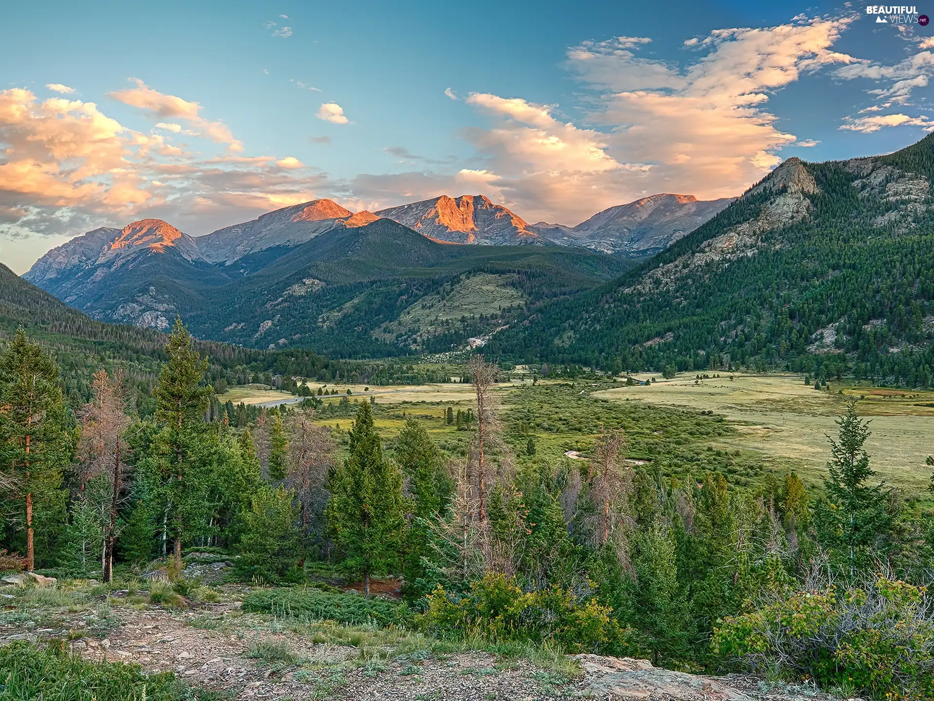 clouds, Mountains, woods