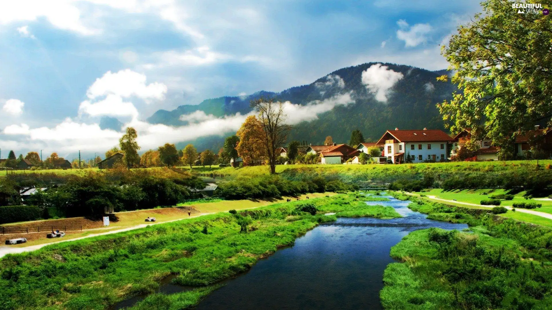 clouds, woods, brook, buildings, Mountains