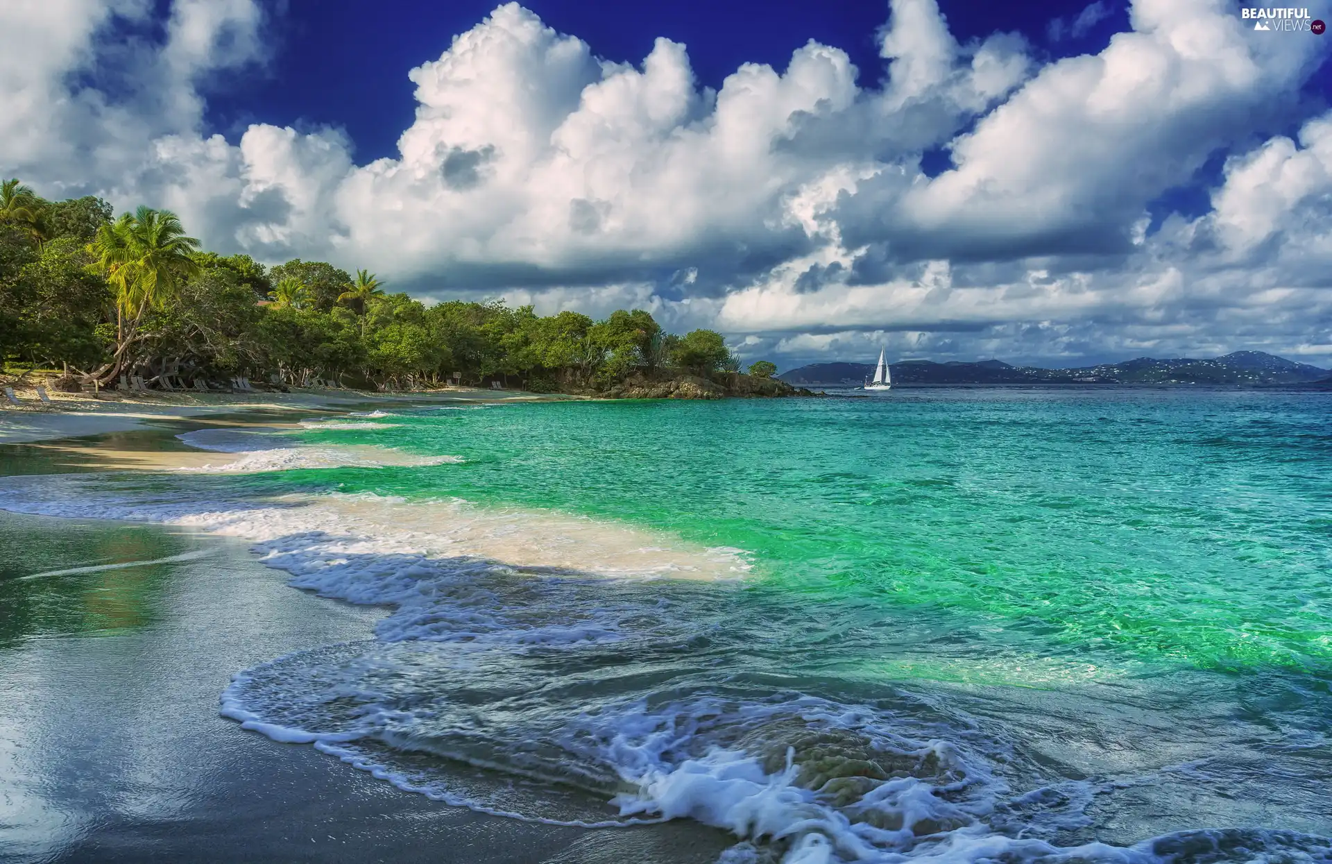 coast, sea, Yacht, clouds, The Hills, Palms