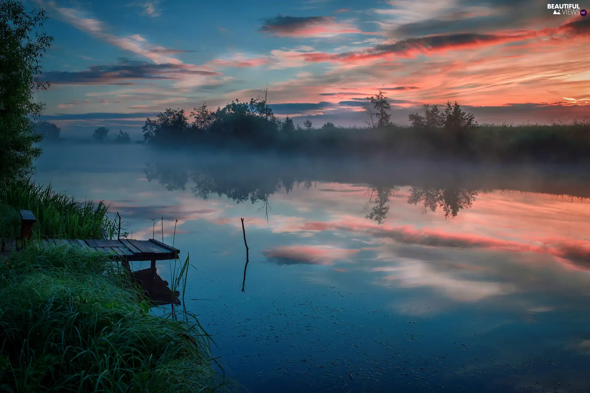 coast, River, Platform, trees, Fog, Sunrise, grass, clouds, viewes