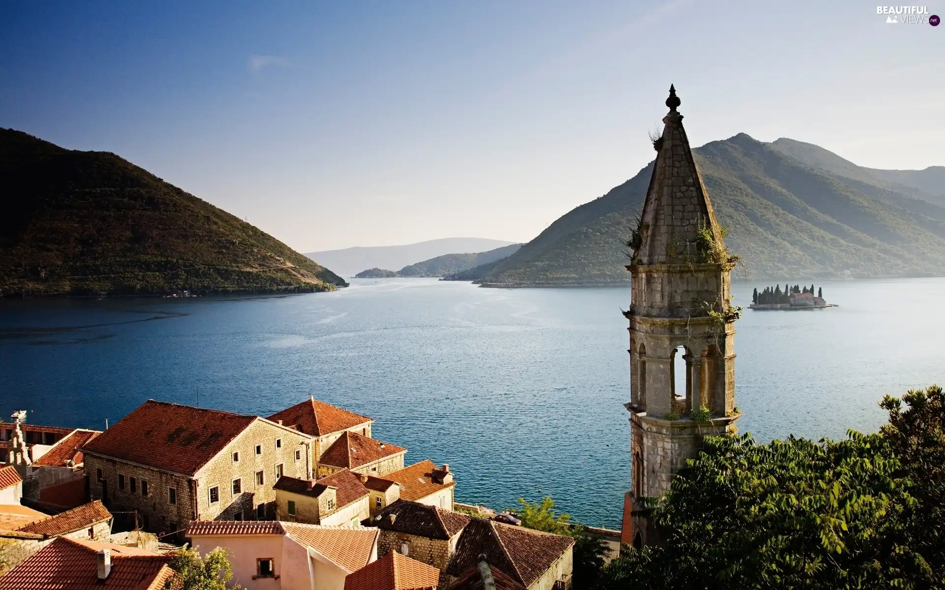 Coast, Islands, buildings, tower, sea