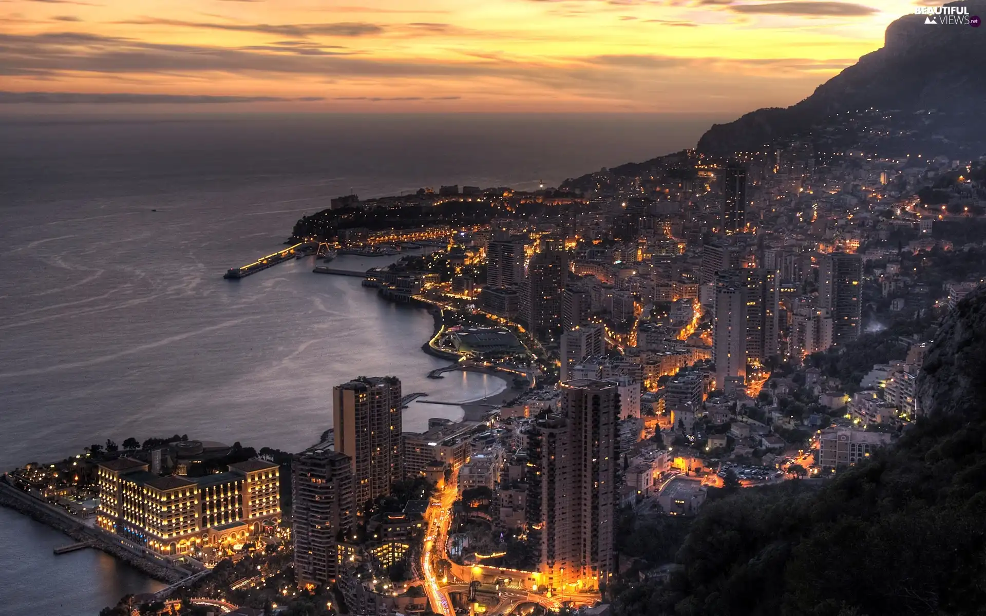 panorama, Night, Coast, town