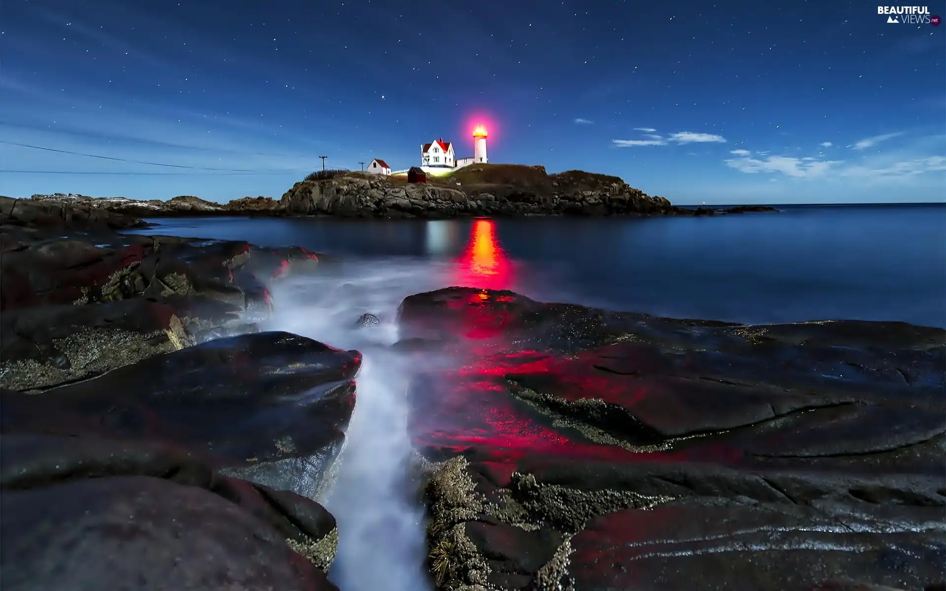 Coast, rocks, Houses, sea, Lighthouses