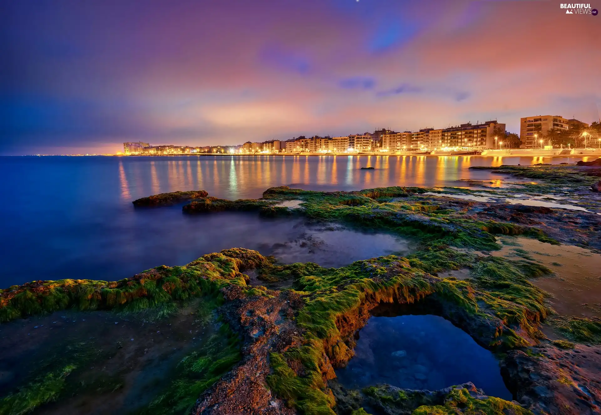 Spain, Night, Coast, Town