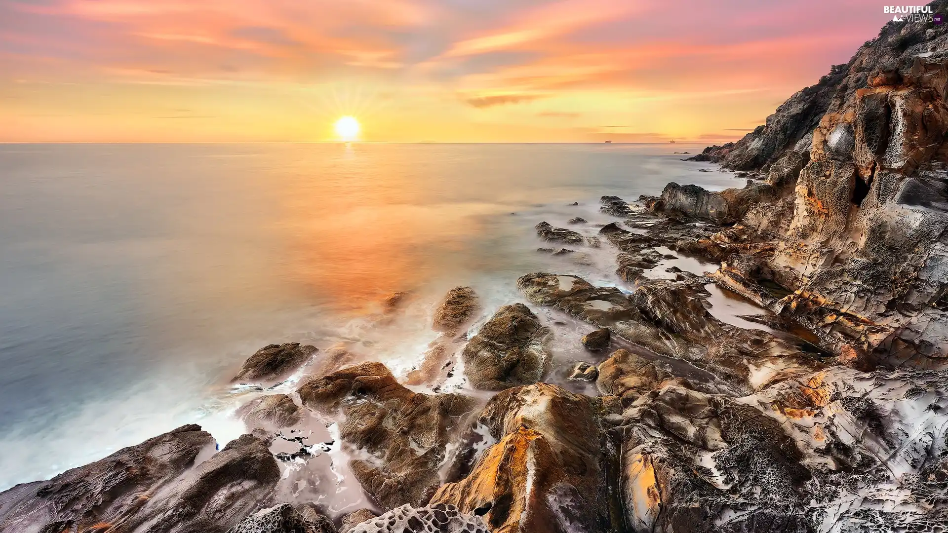 Sunrise, sea, rocks, Coast