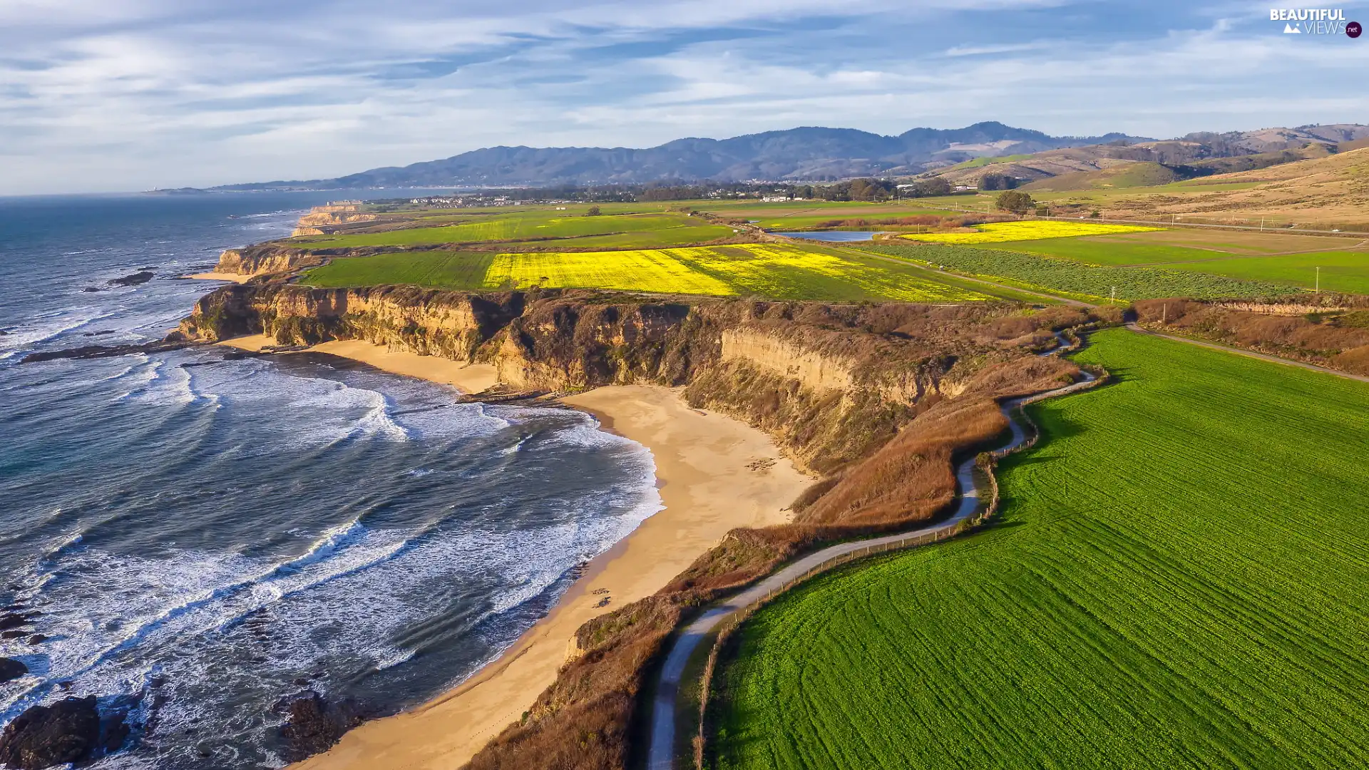 sea, Cliffs, Way, Coast, Beaches, field, Mountains