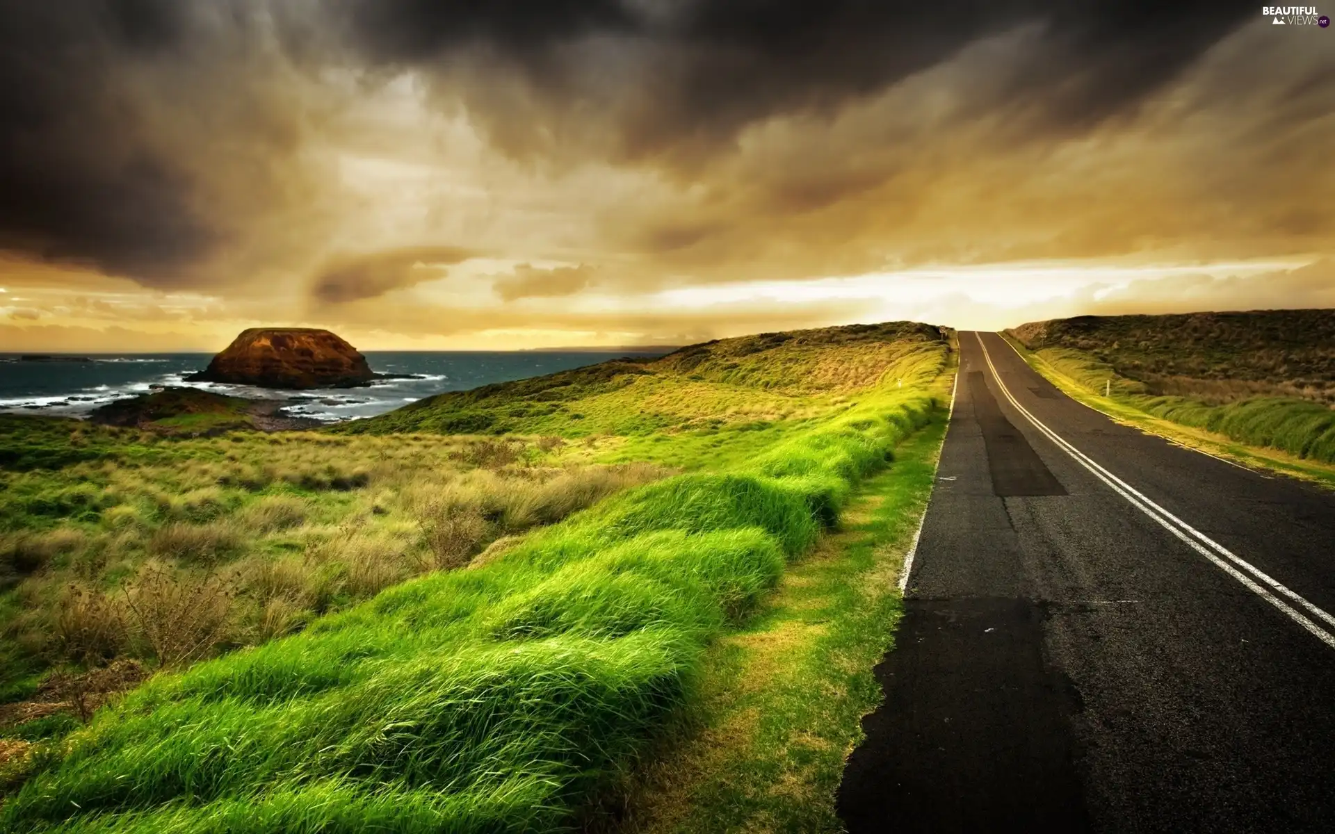 Way, grass, coast, asphalt