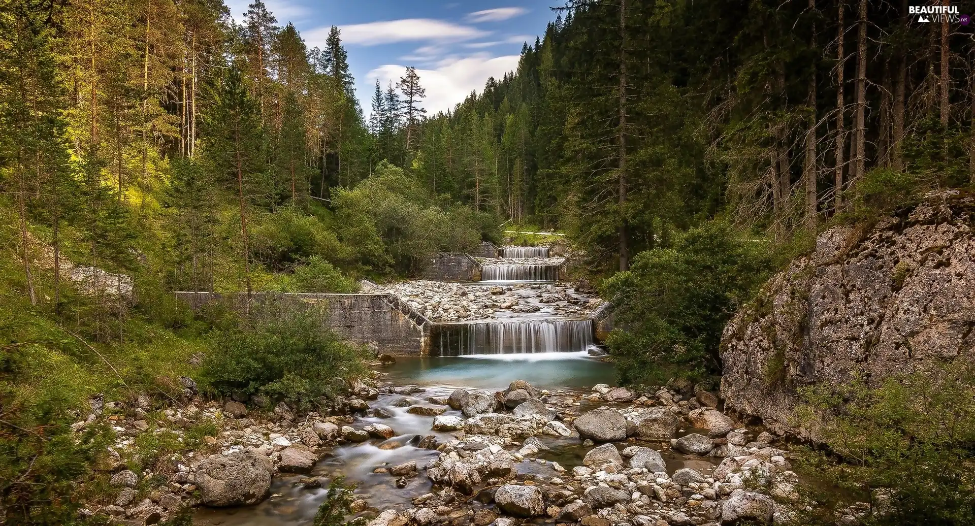 Weirs, River, rocks, concrete, forest, cascade, Stones