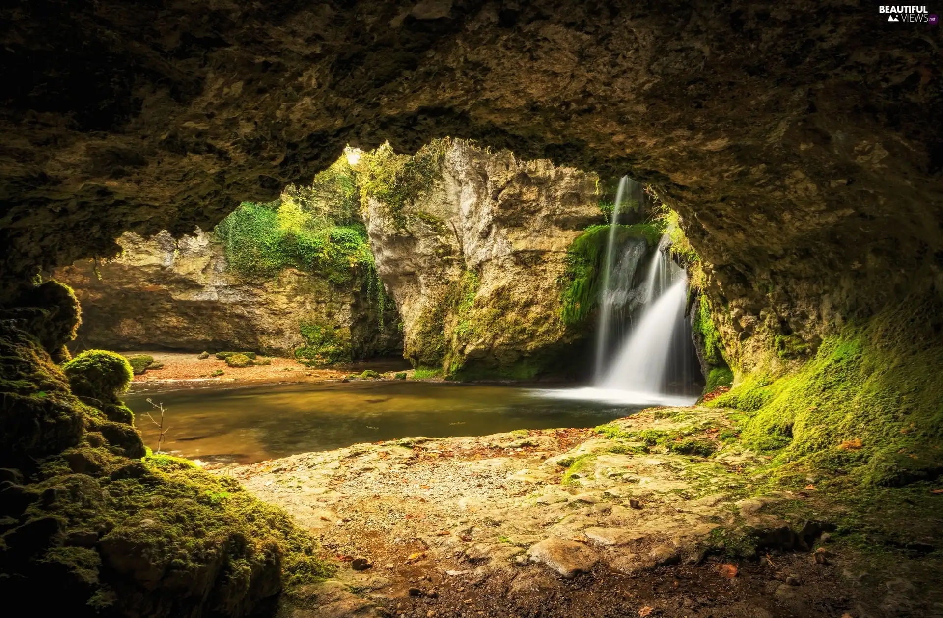 Canton Vaud, Switzerland, Venoge River, Waterfall Tine de Conflens, mossy, rocks, VEGETATION, Stones, cave