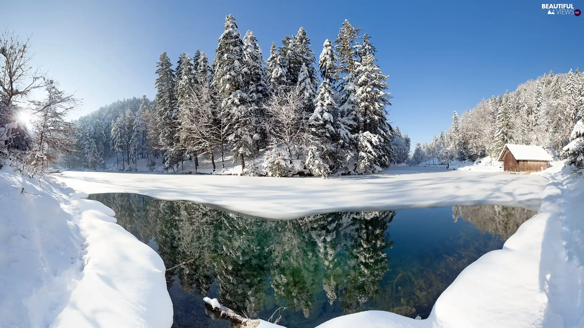 viewes, winter, Wooden, cottage, River, trees