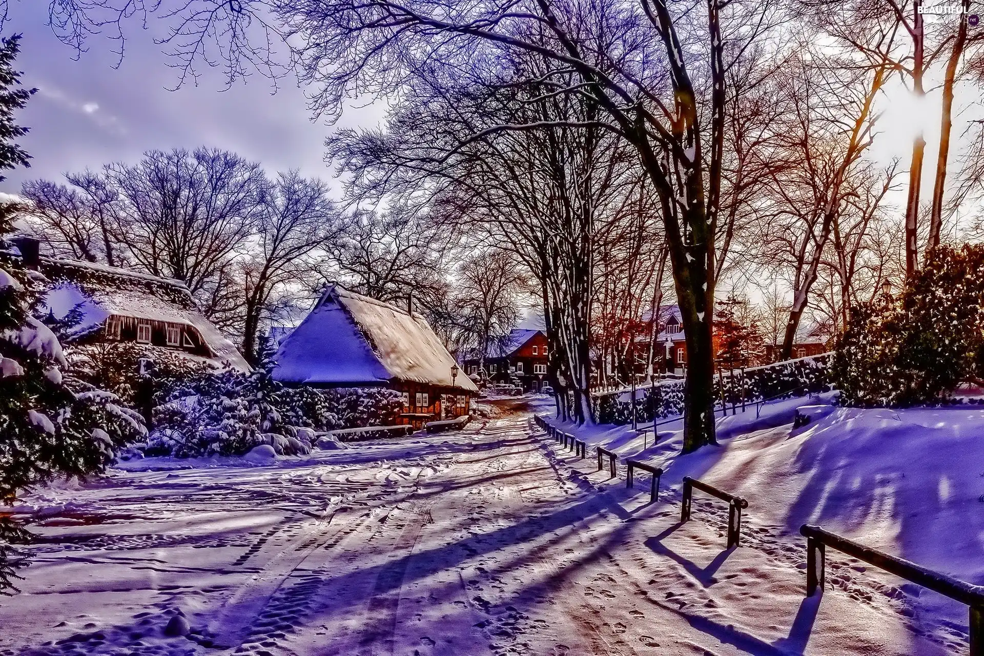 winter, Houses, country, Way