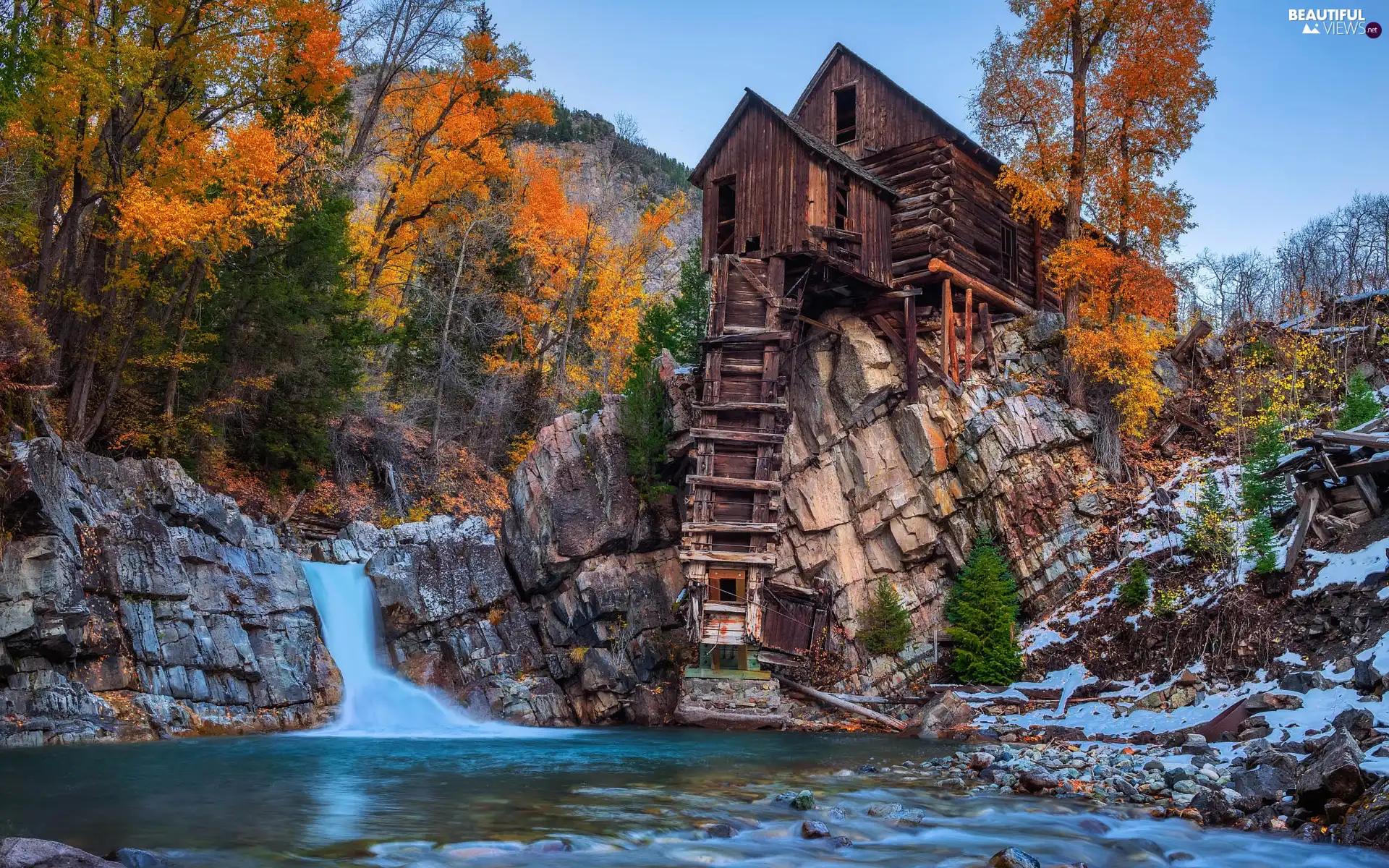 Crystal Mill, Windmill, Crystal River, rocks, Colorado, The United States, viewes, autumn, trees
