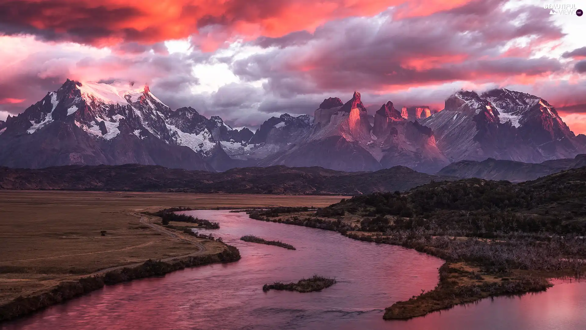 Mountains, curve, Great Sunsets, River