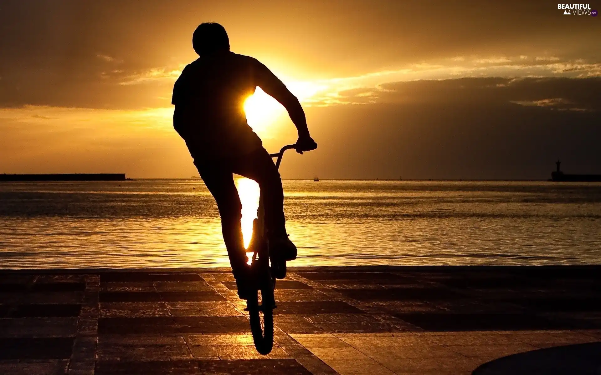 west, sea, cyclist, sun