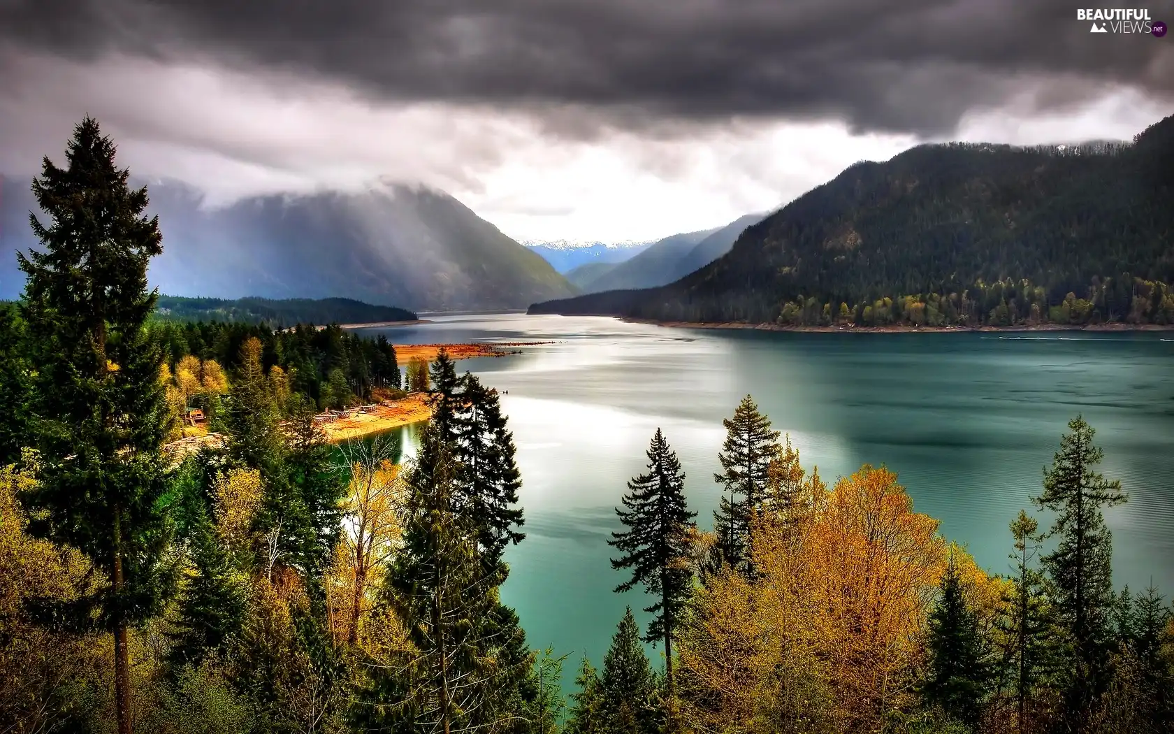trees, Mountains, dark, clouds, viewes, water