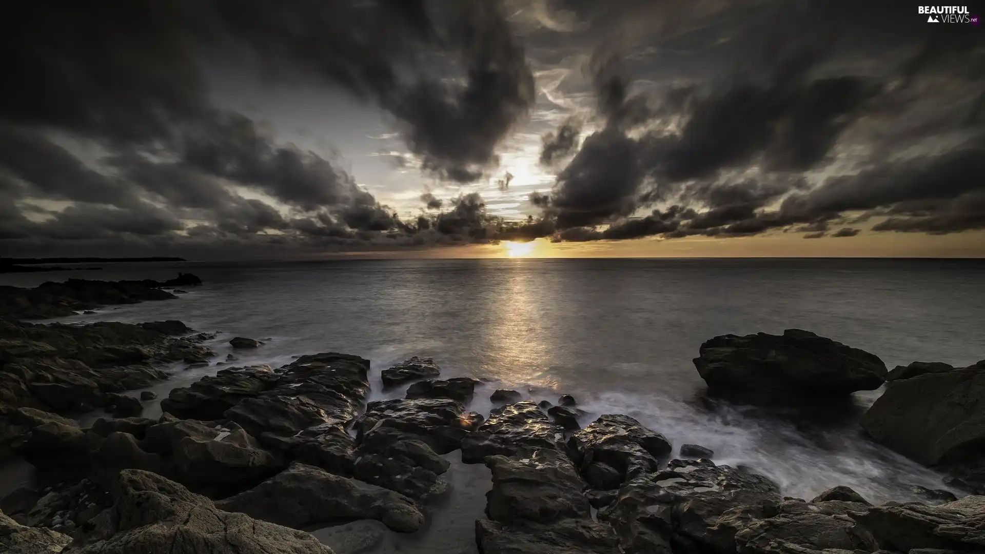 dark, clouds, Great Sunsets, Stones, sea