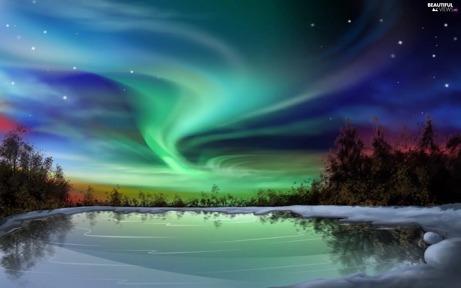 Sky, lake, dawn, Polaris, star, color