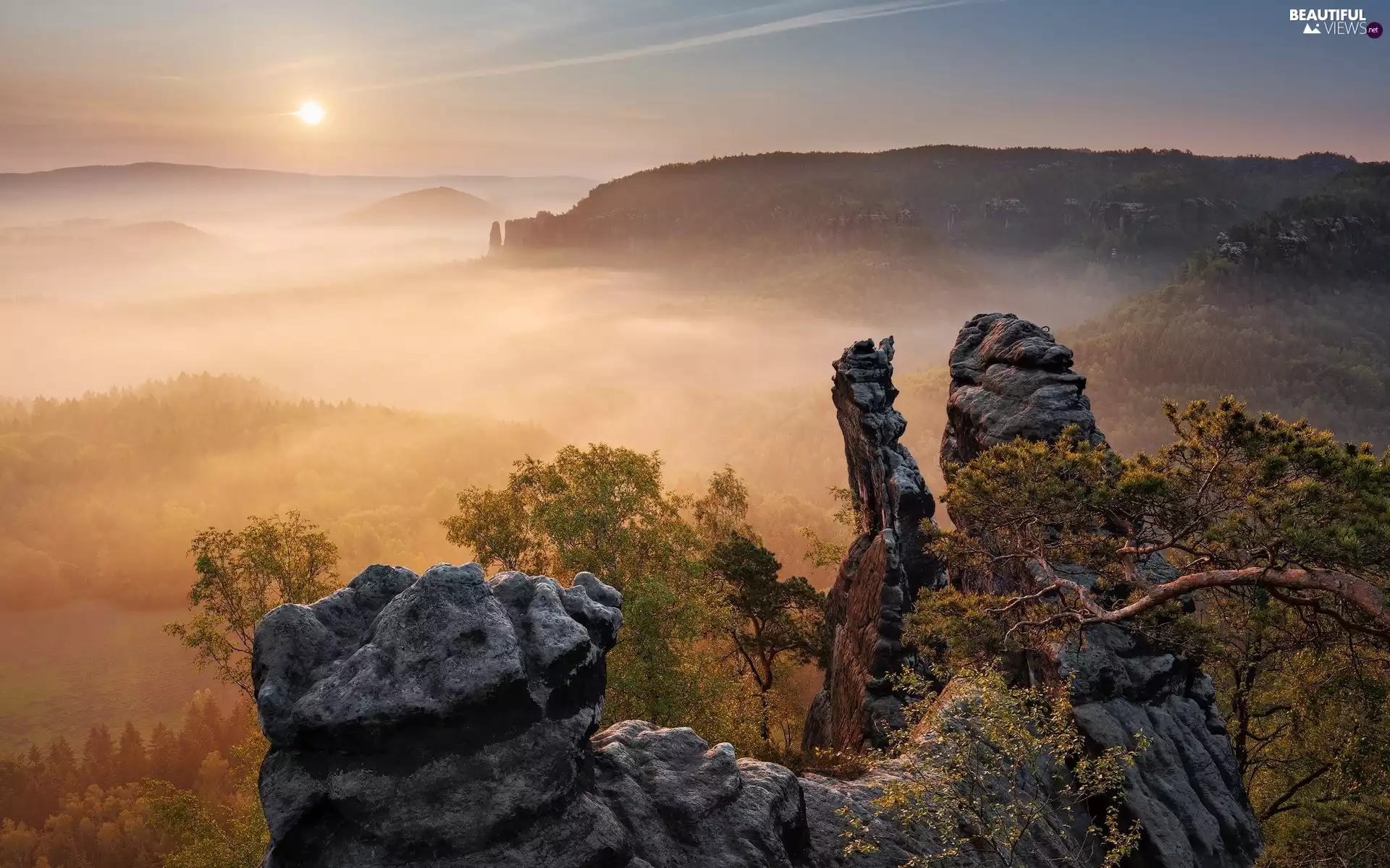 viewes, rocks, Germany, Fog, Saxon Switzerland National Park, trees, Děčínská vrchovina, Sunrise