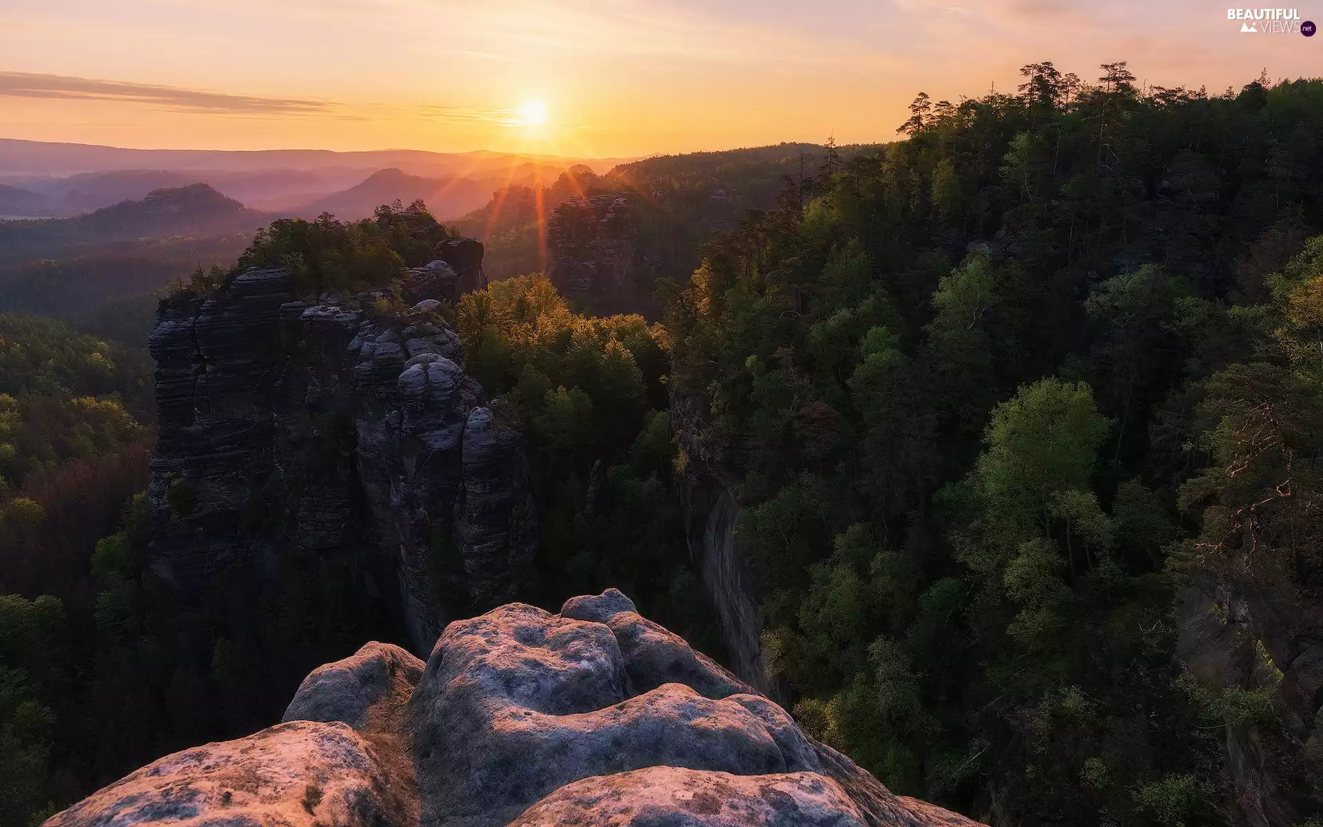 trees, Saxon Switzerland National Park, rocks, Děčínská vrchovina, Germany, viewes, Sunrise