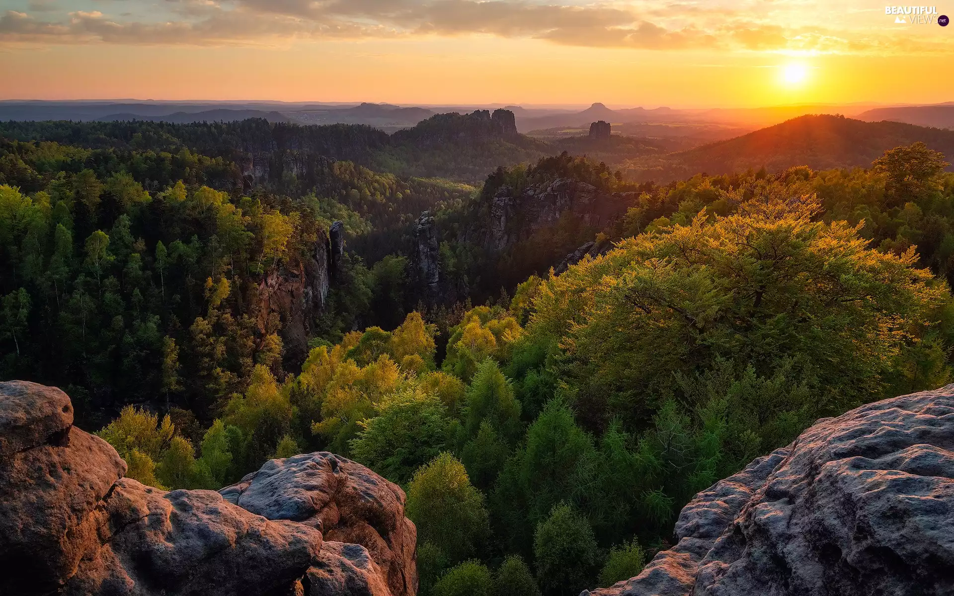 rocks, Saxon Switzerland National Park, viewes, Děčínská vrchovina, Germany, trees, Sunrise