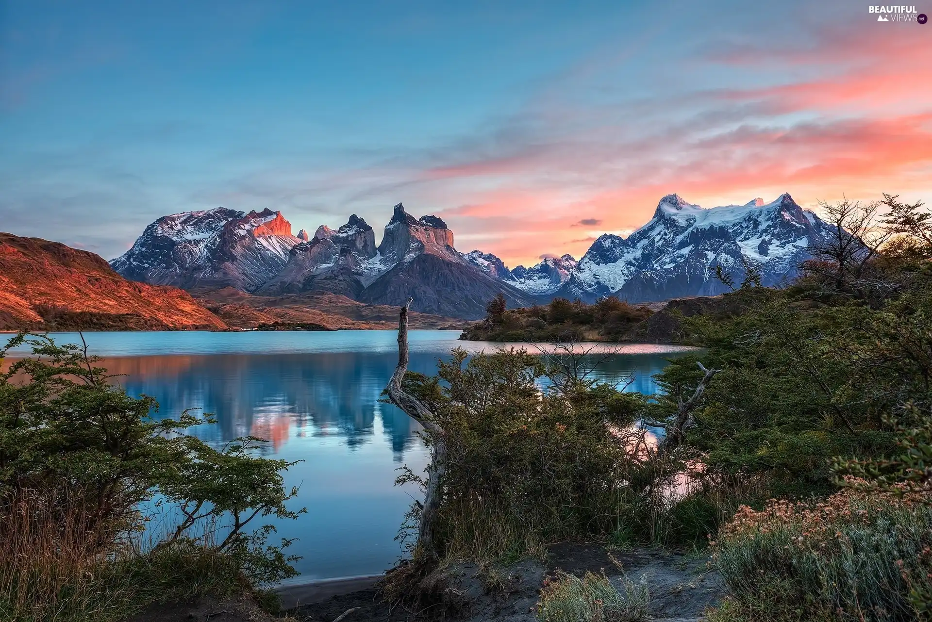 Patagonia, Chile, Mountains of Torres del Paine, Snowy, Bush, Torres del Paine National Park, lake, Great Sunsets, peaks