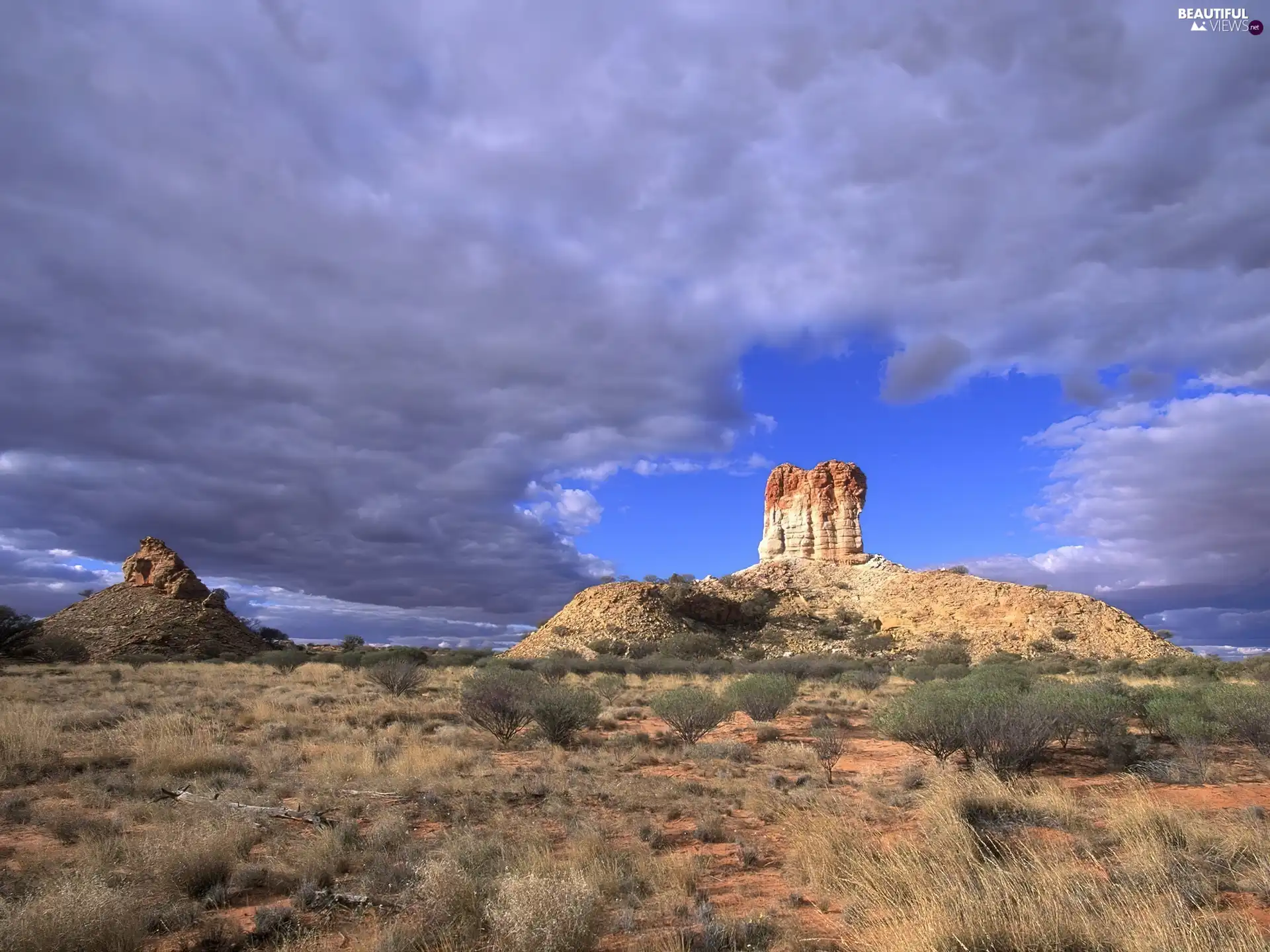 Desert, clouds, rocks