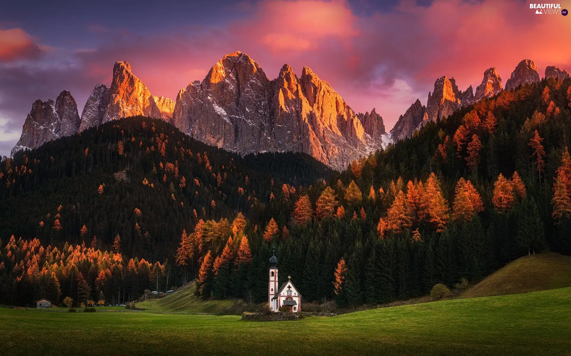 Massif Odle, forest, Great Sunsets, Val di Funes Valley, Church of St. John, Dolomites Mountains, Italy